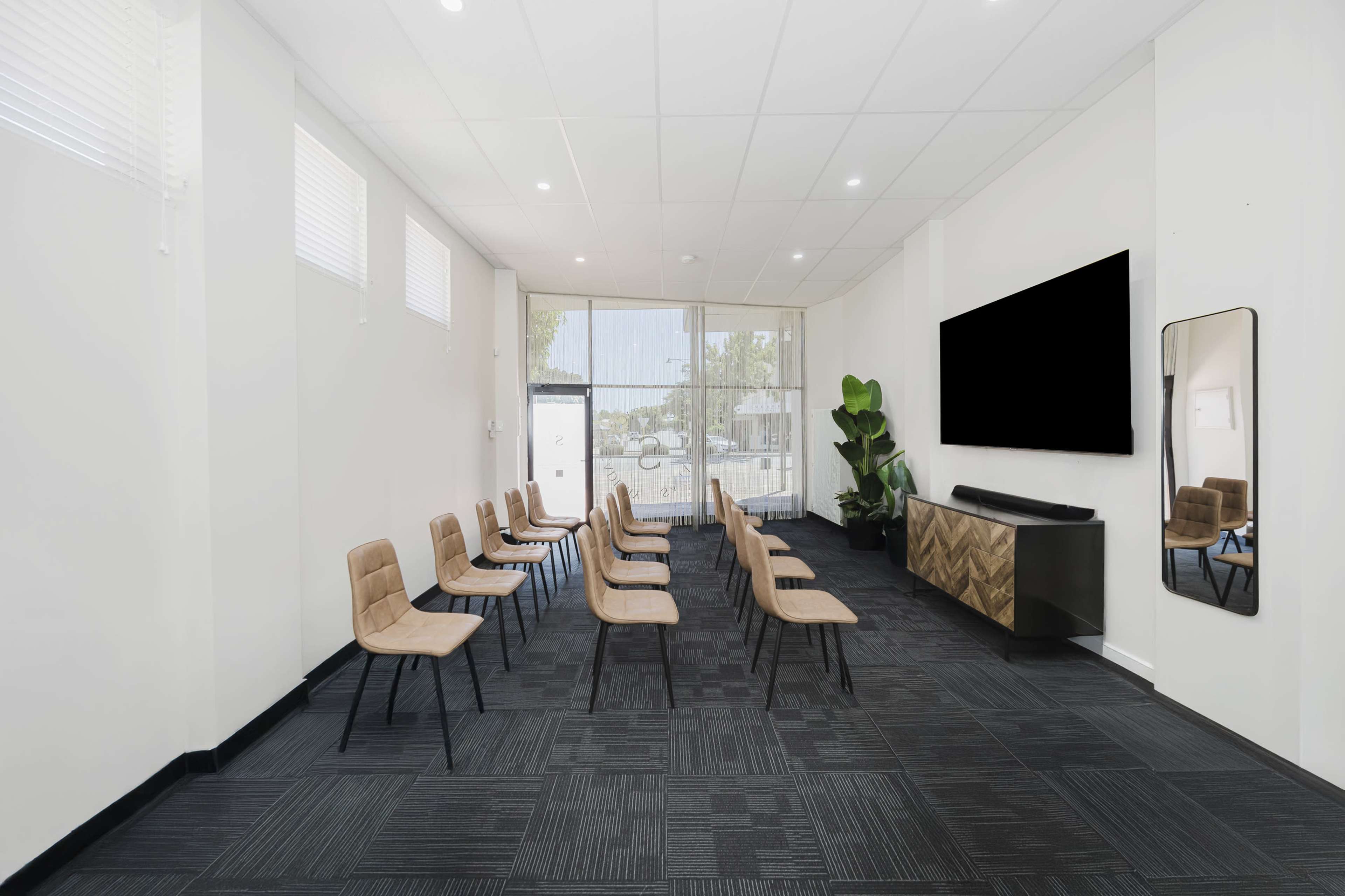 The image shows a minimally furnished room with a row of wooden chairs facing a large wall-mounted screen, and a plant in the corner beside a low cabinet.