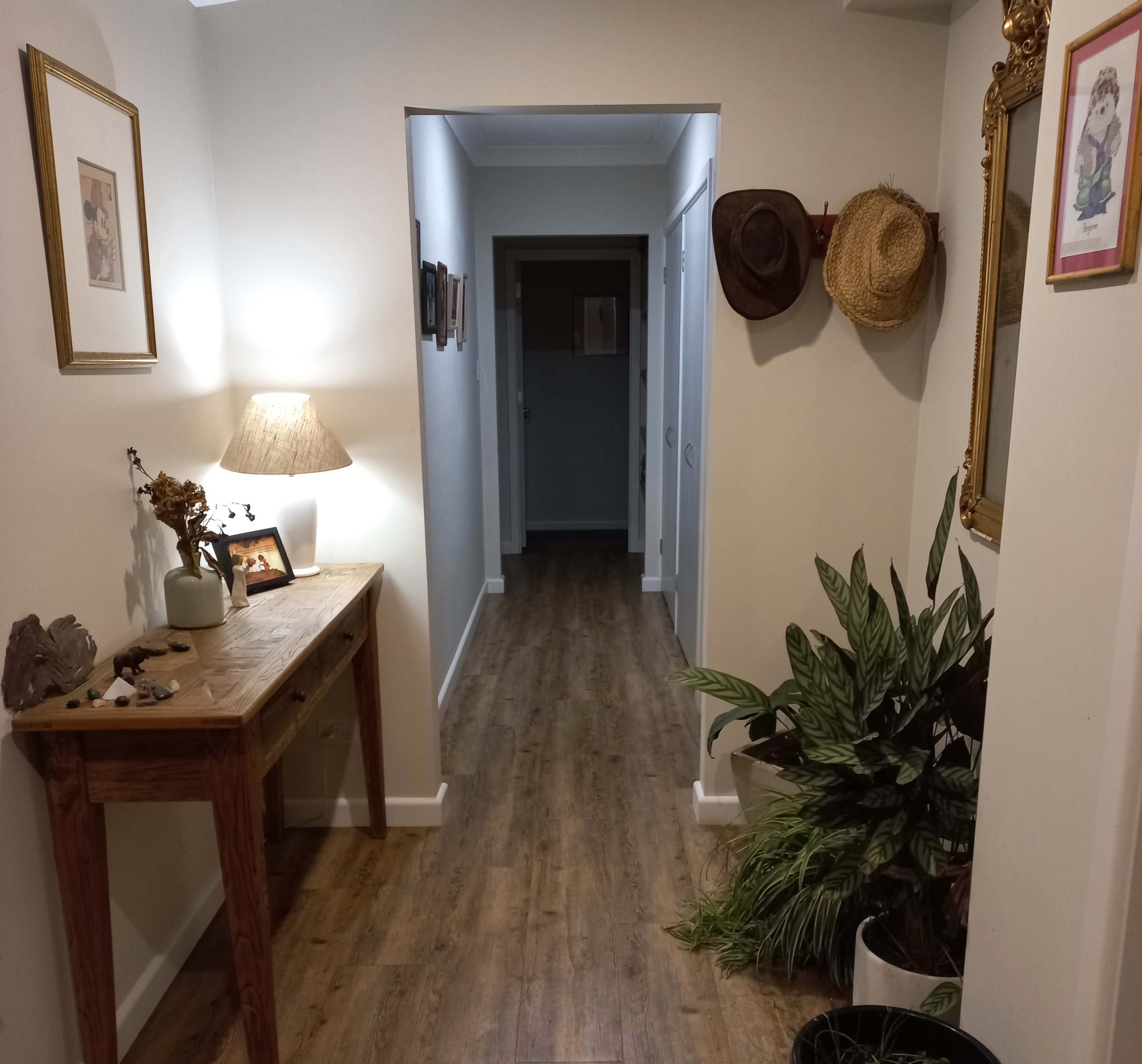 A hallway features a wooden table with decorative items, framed pictures on the walls, and a collection of hats hanging beside a thriving potted plant.