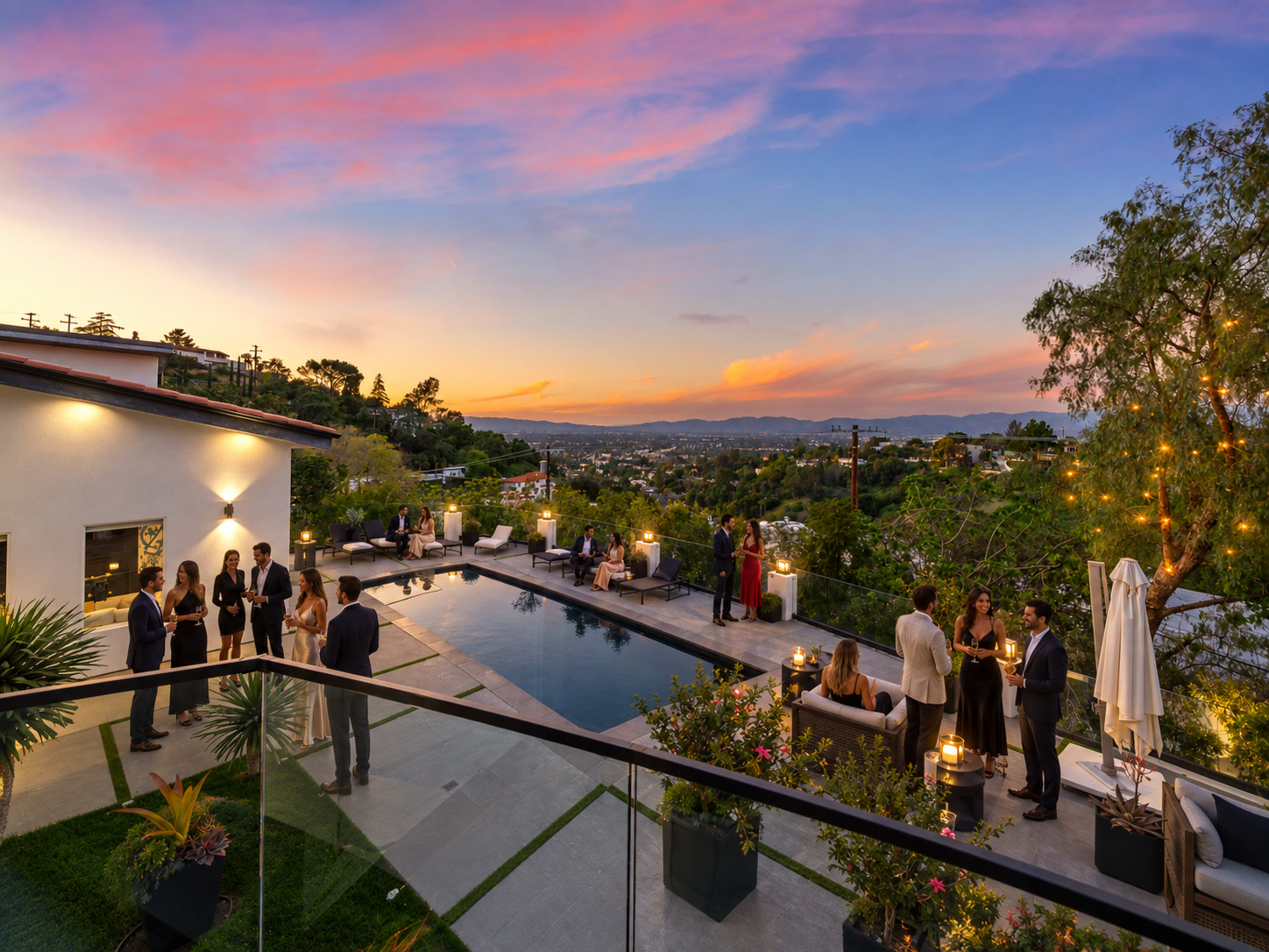 A group of people socializes around a pool at sunset, with mountains visible in the background.