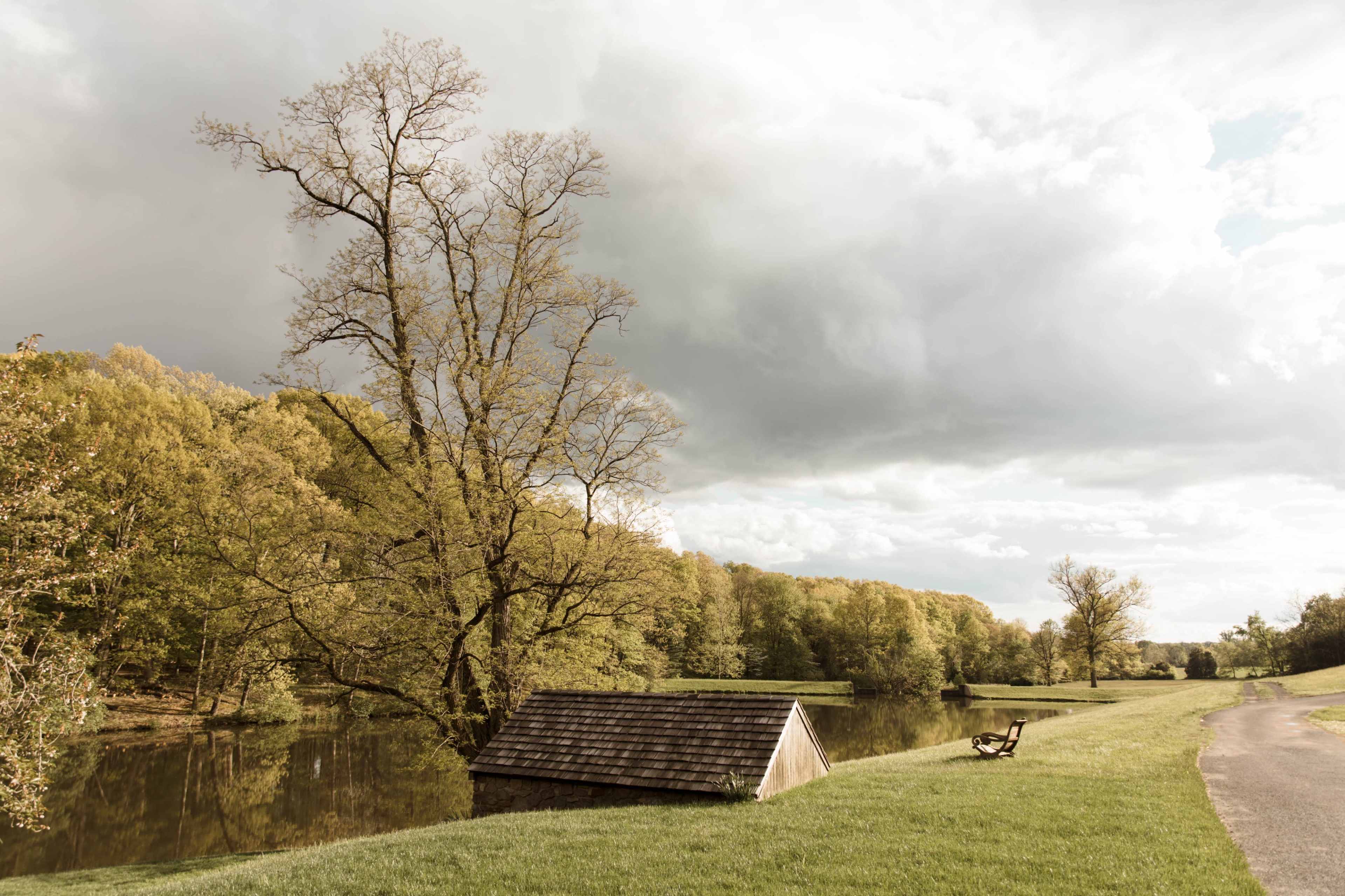 A small shed is partially submerged in a tranquil lake, with a large tree and a single chair visible on the grassy shore under a cloudy sky.