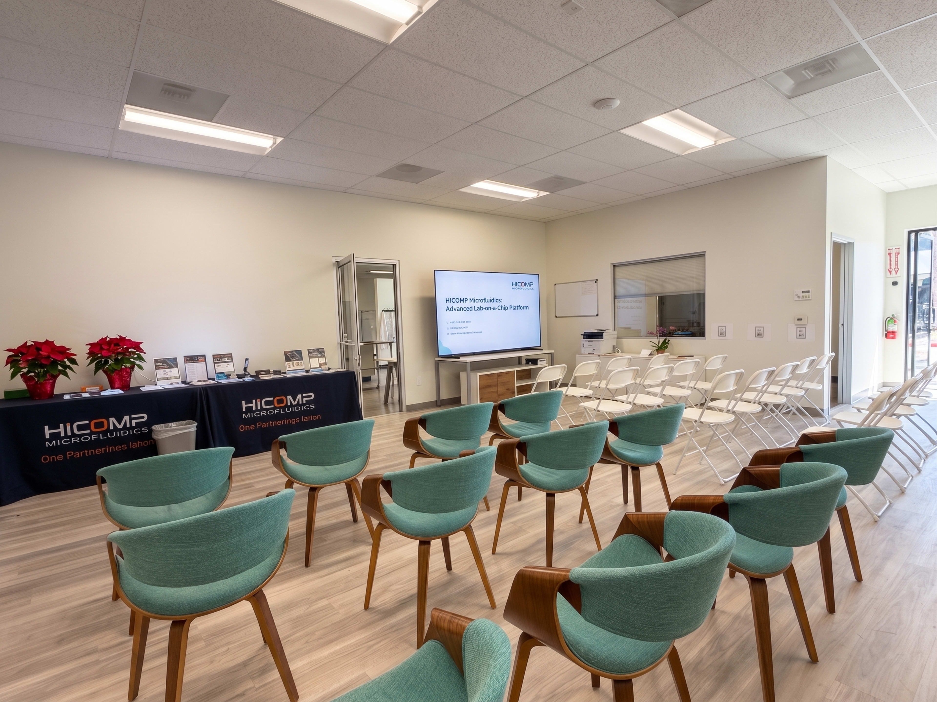 The image shows a waiting area with light-colored flooring, green chairs arranged around the room, and a large screen displaying "HICOMP Micro-Clinics" at the front, accompanied by tables displaying promotional materials.