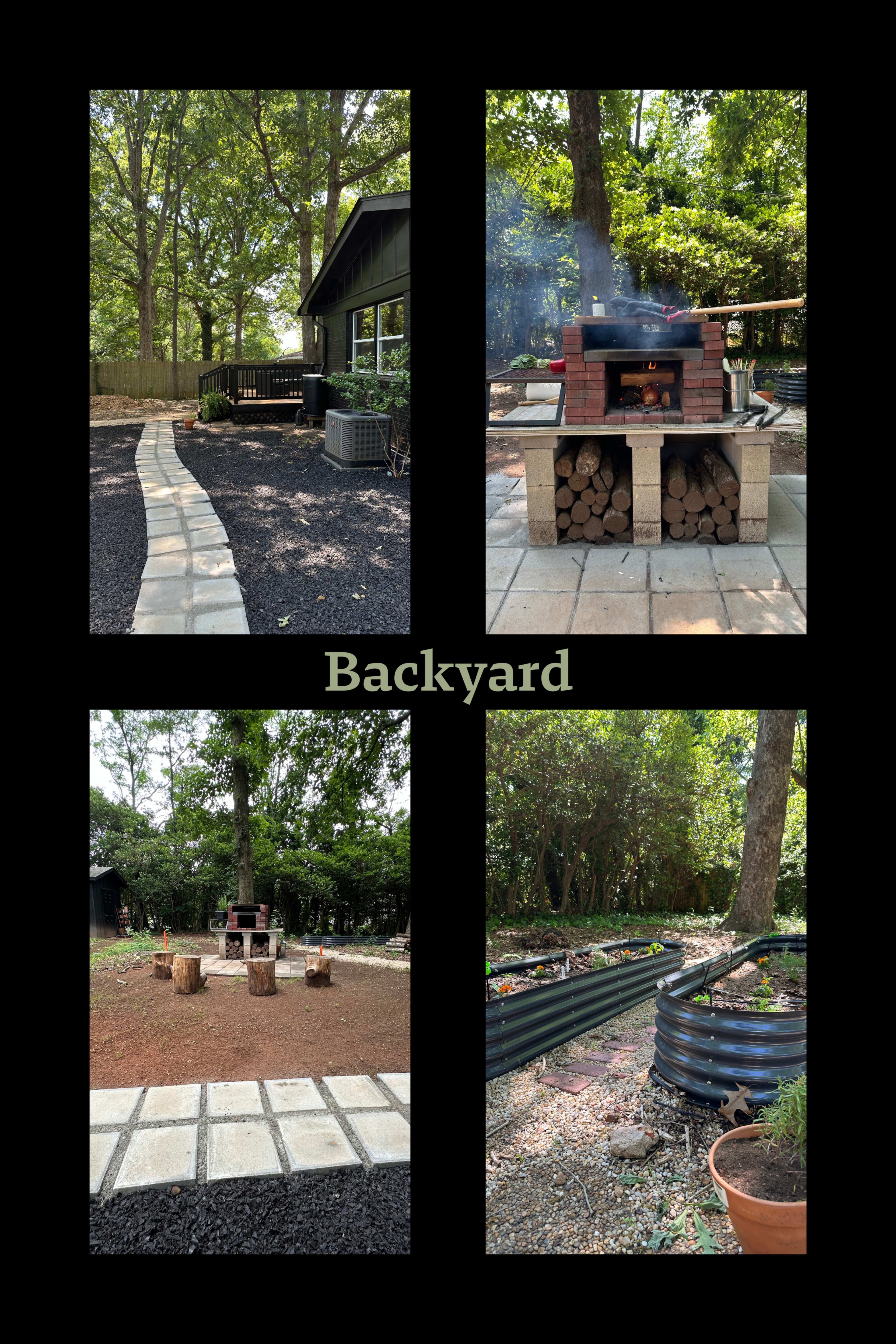 The image presents a backyard scene featuring a stone pathway, a wood-fired oven, seating made from tree stumps, and landscaped garden areas.