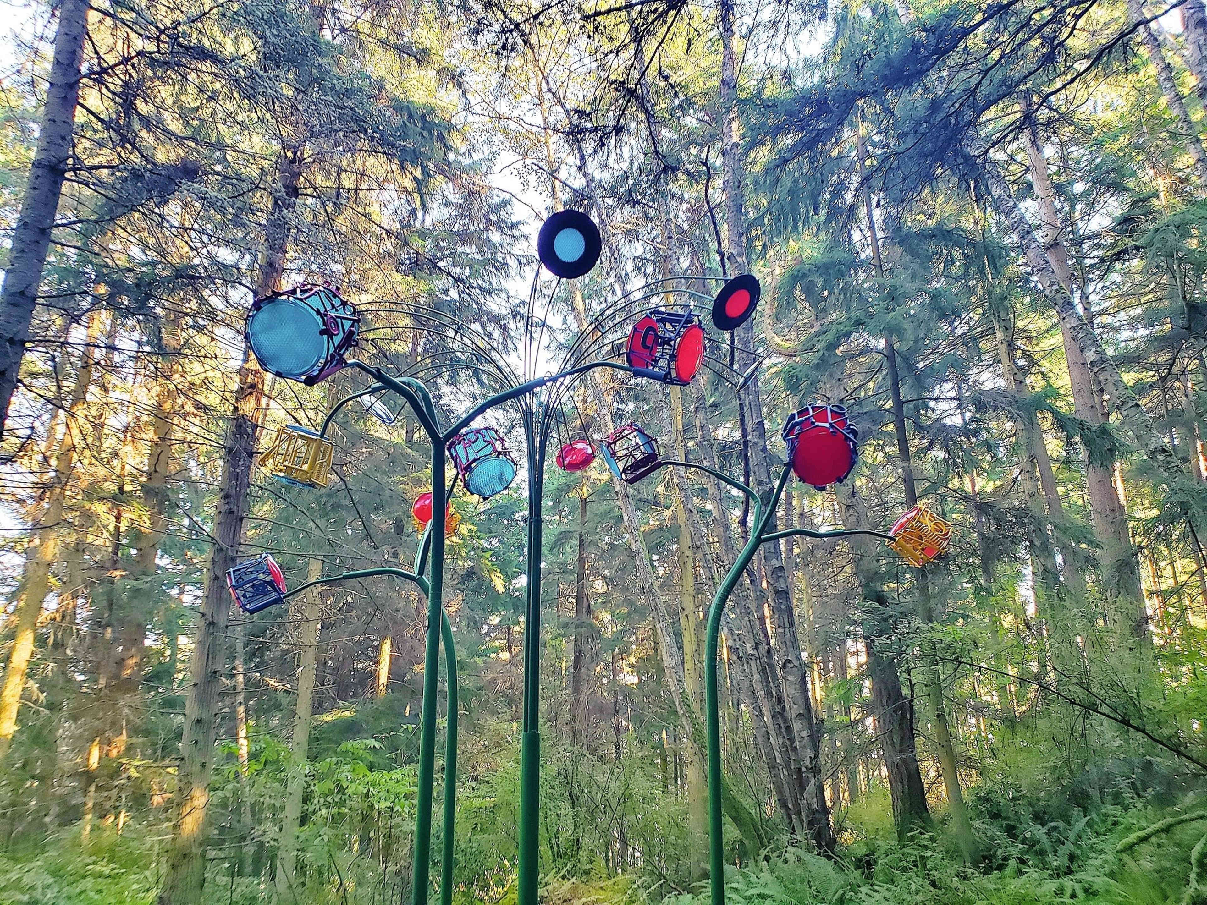 A series of colorful, artistic structures resembling flowers stands among tall trees in a forest.