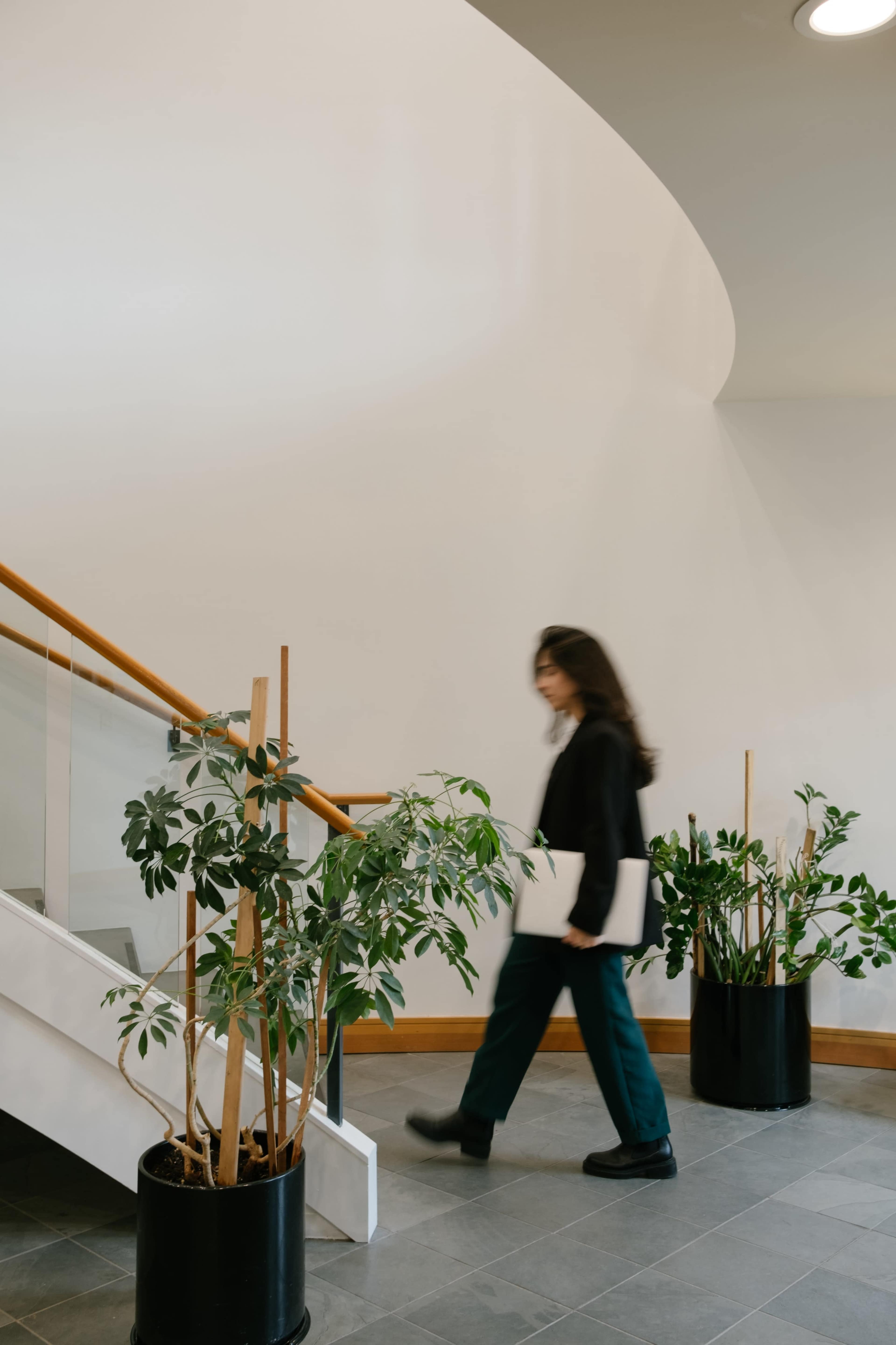 A woman walks up a staircase surrounded by decorative plants and a simple, curved wall.
