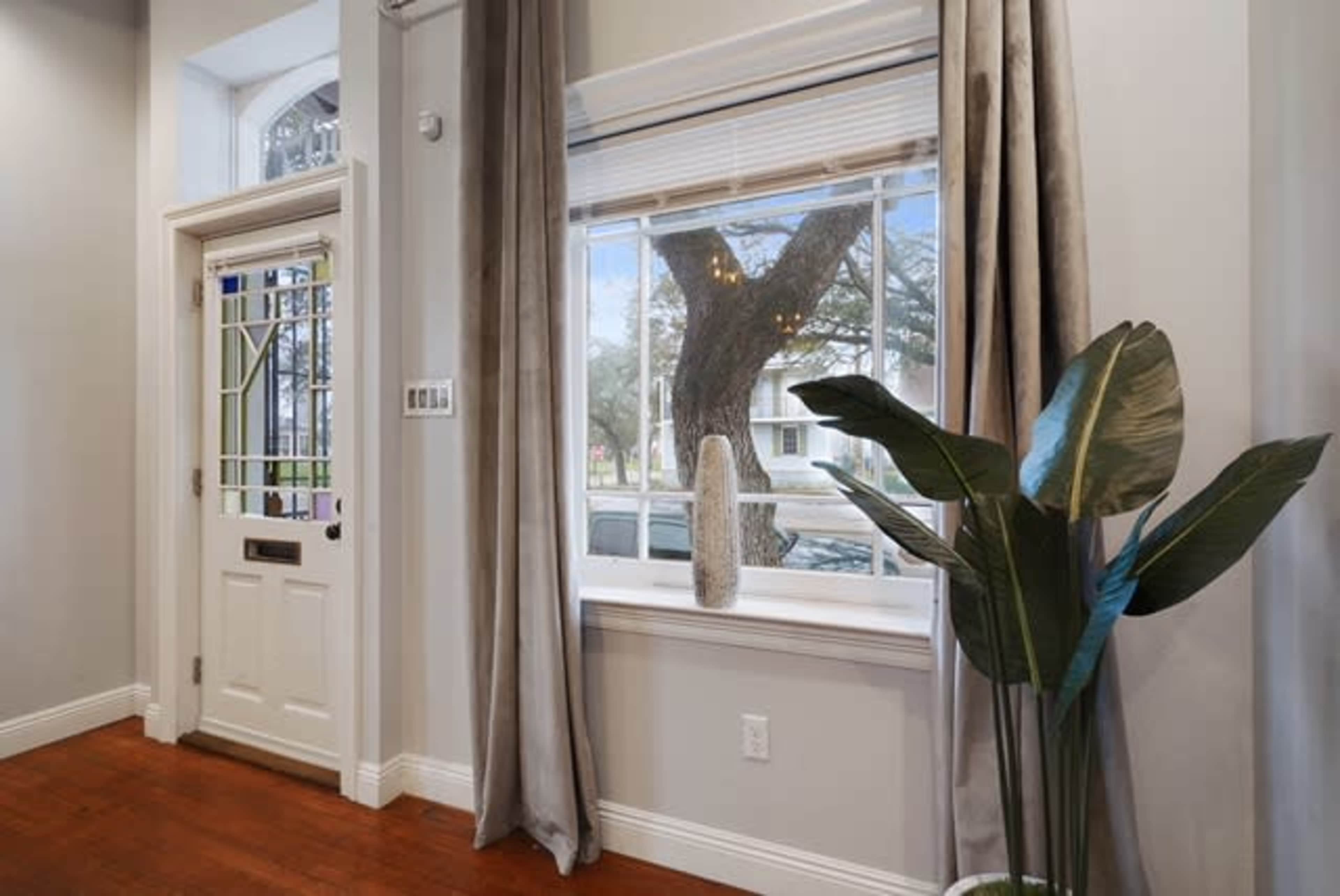 The image shows an entryway with a white door, large window featuring a tree outside, and a decorative plant near the window.