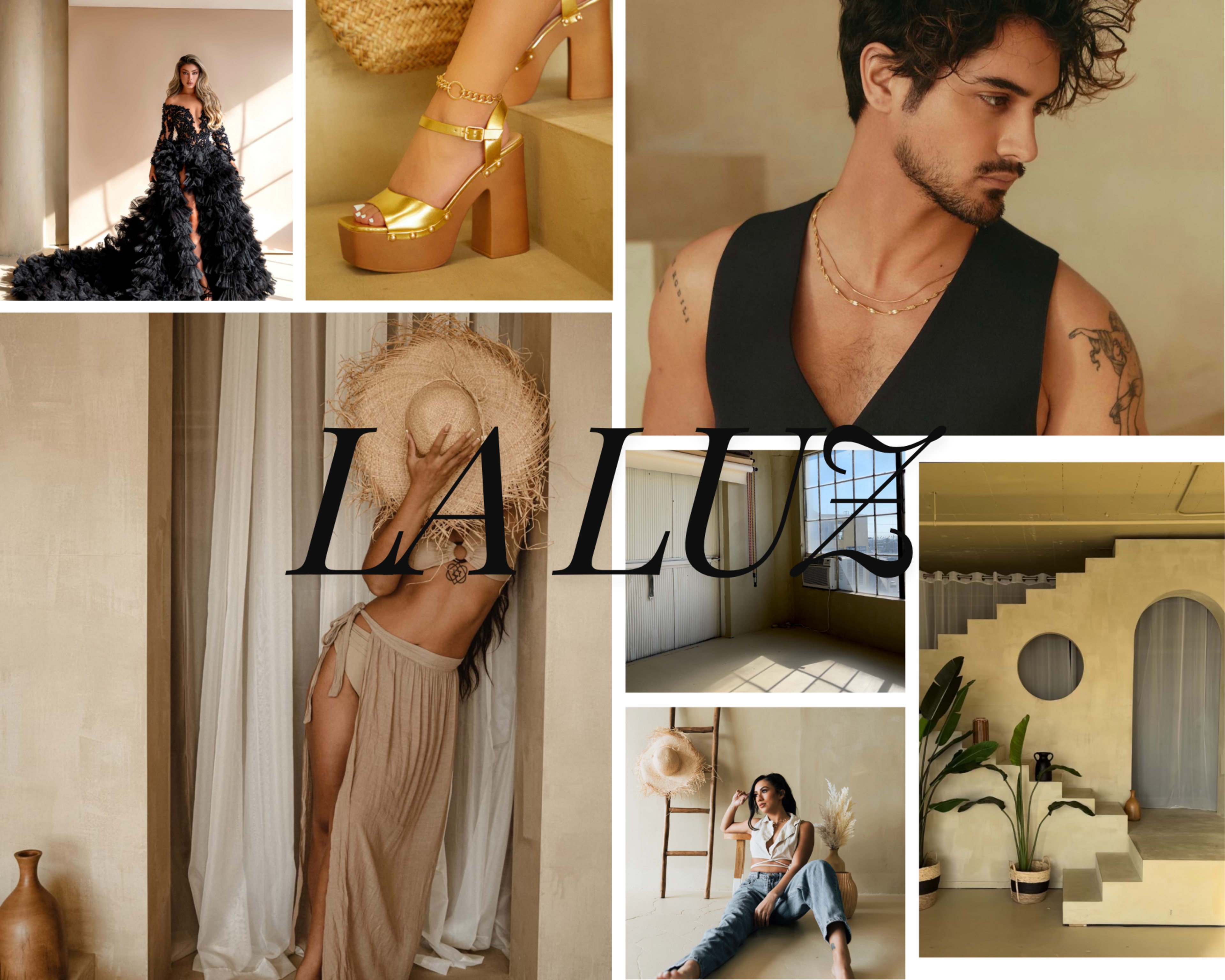 A collage of fashion and lifestyle scenes, including a model in a dramatic black gown, close-up shots of gold platform shoes, and various indoor settings showcasing neutral tones and stylish decor.
