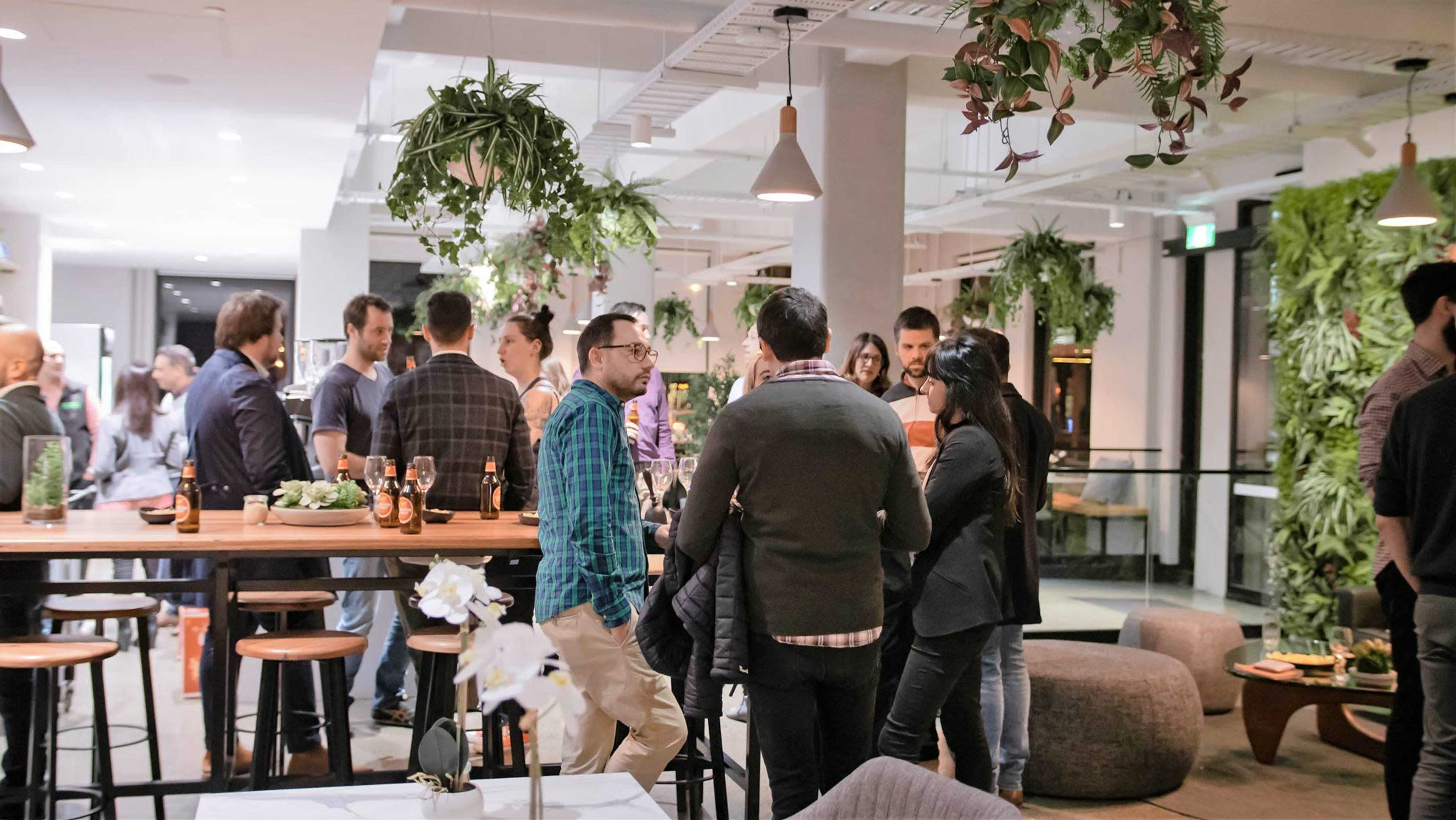 People are socializing in a modern lounge with greenery and plants hanging from the ceiling.