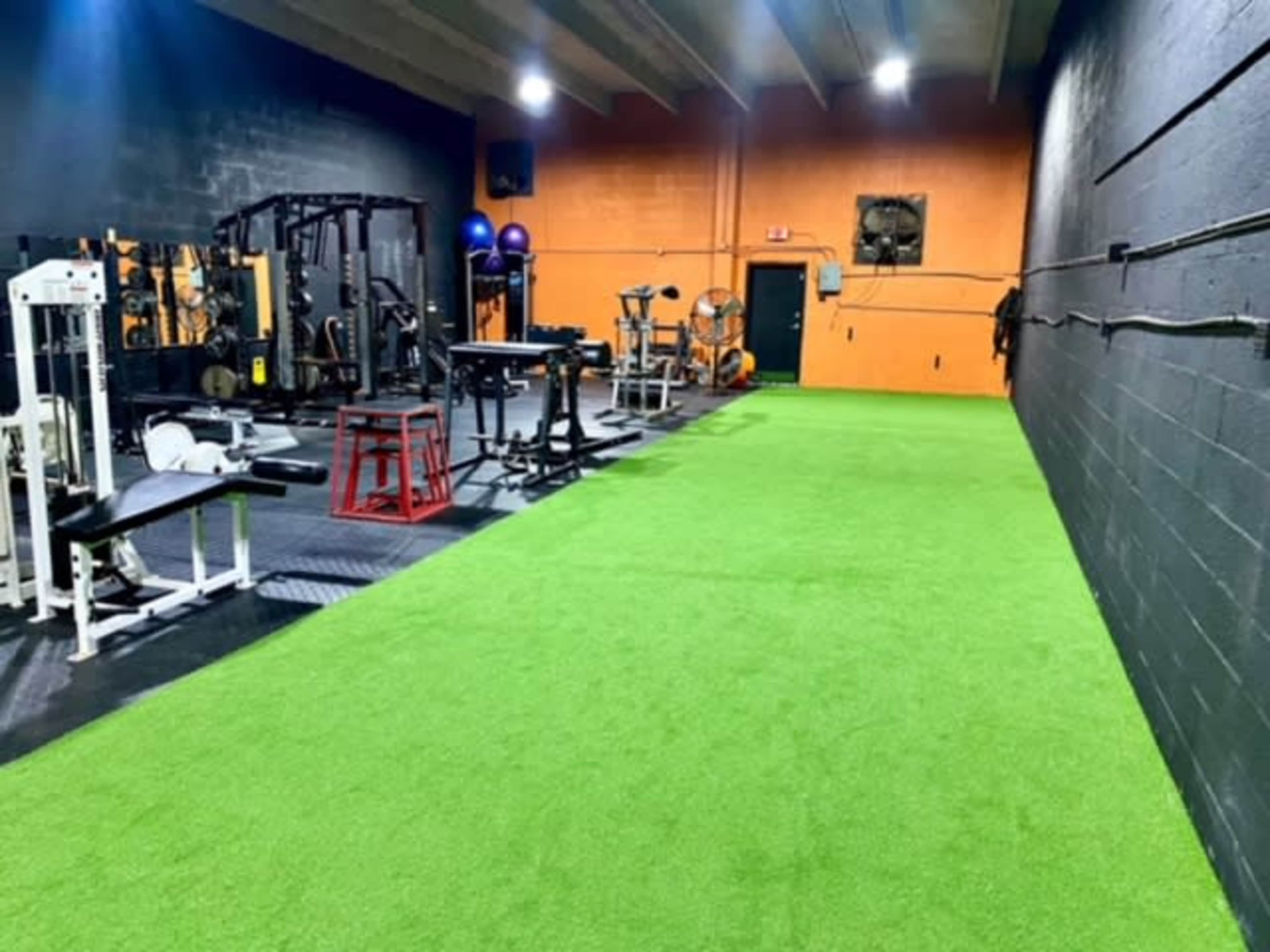 The image shows a gym interior featuring exercise equipment and artificial turf flooring.