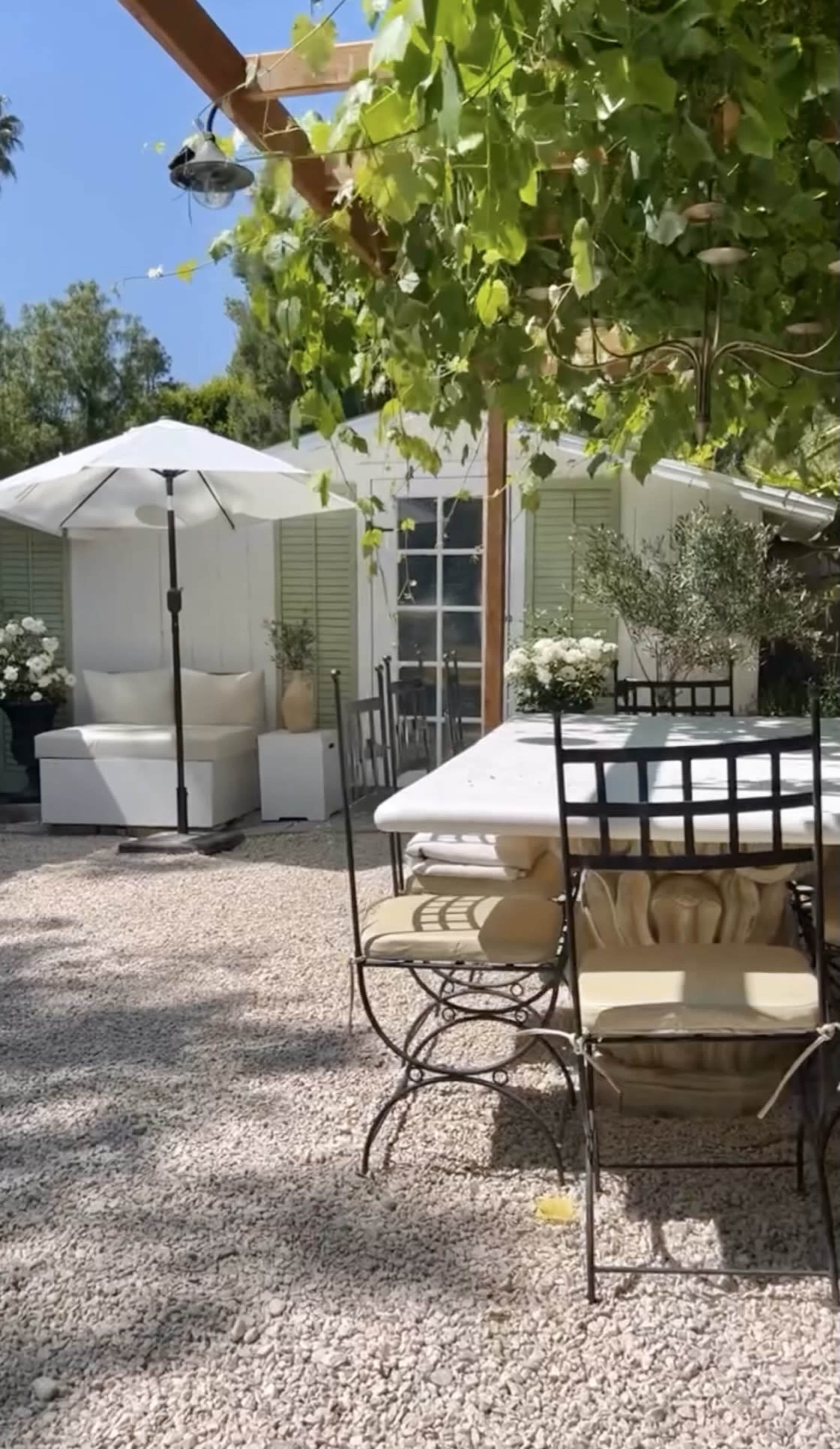 The image shows a sunny outdoor space with a white table, black metal chairs, a large umbrella, and various potted plants.