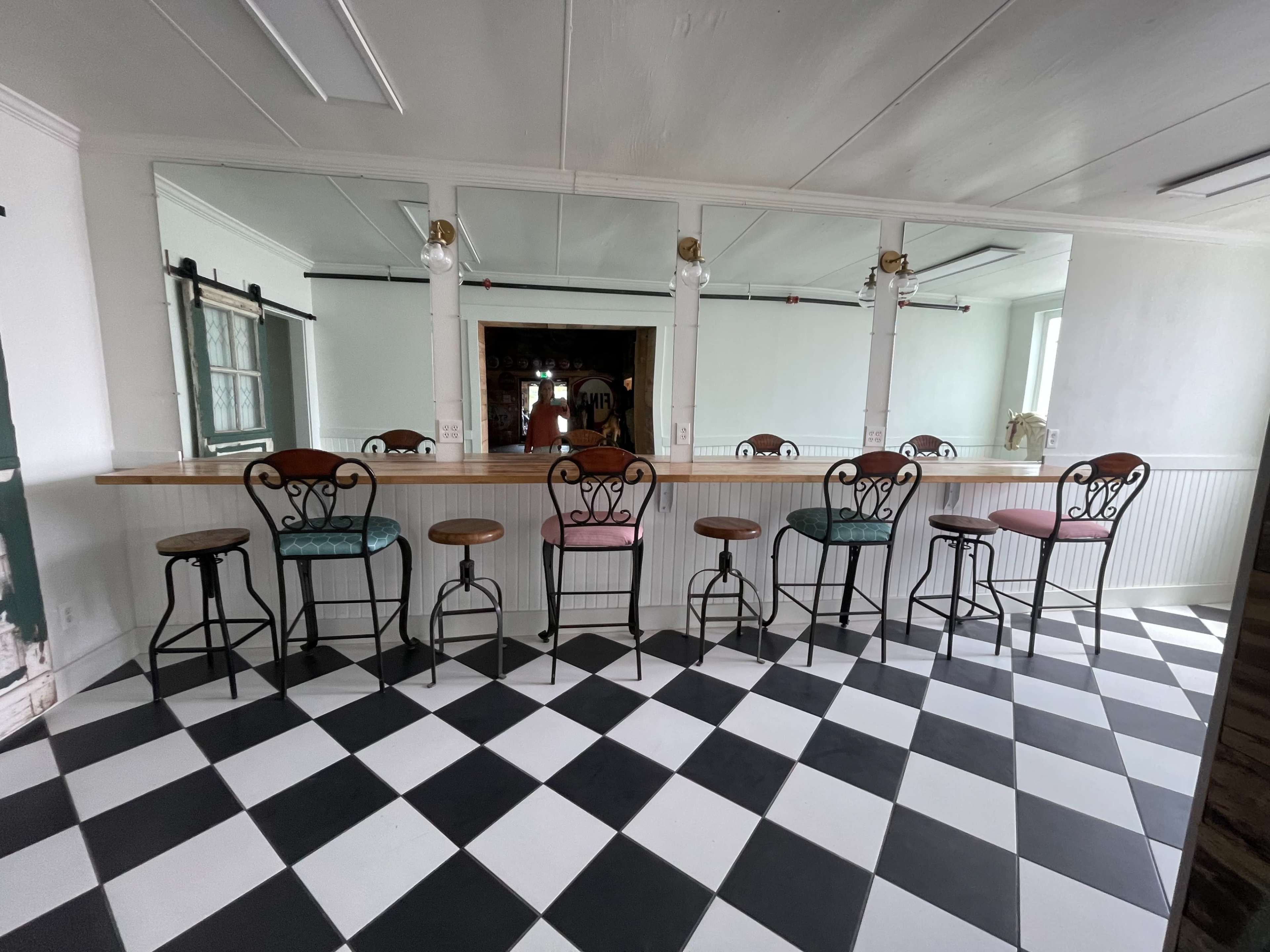 The image shows a spacious room with a bar counter and a row of eight stools arranged along a black and white checkered floor.