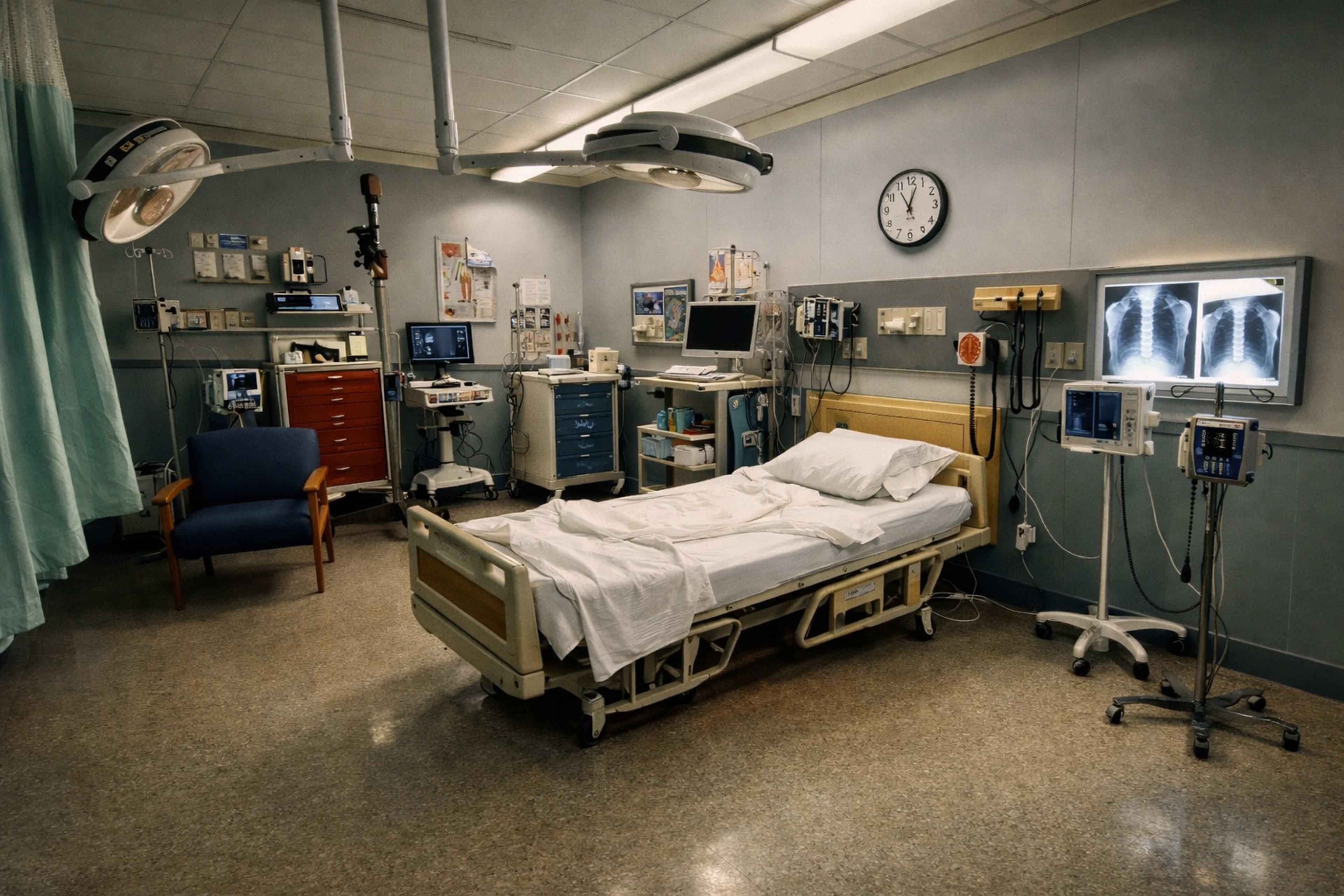 The image shows a hospital room with a bed, medical equipment, a clock, and X-ray images displayed on a monitor.