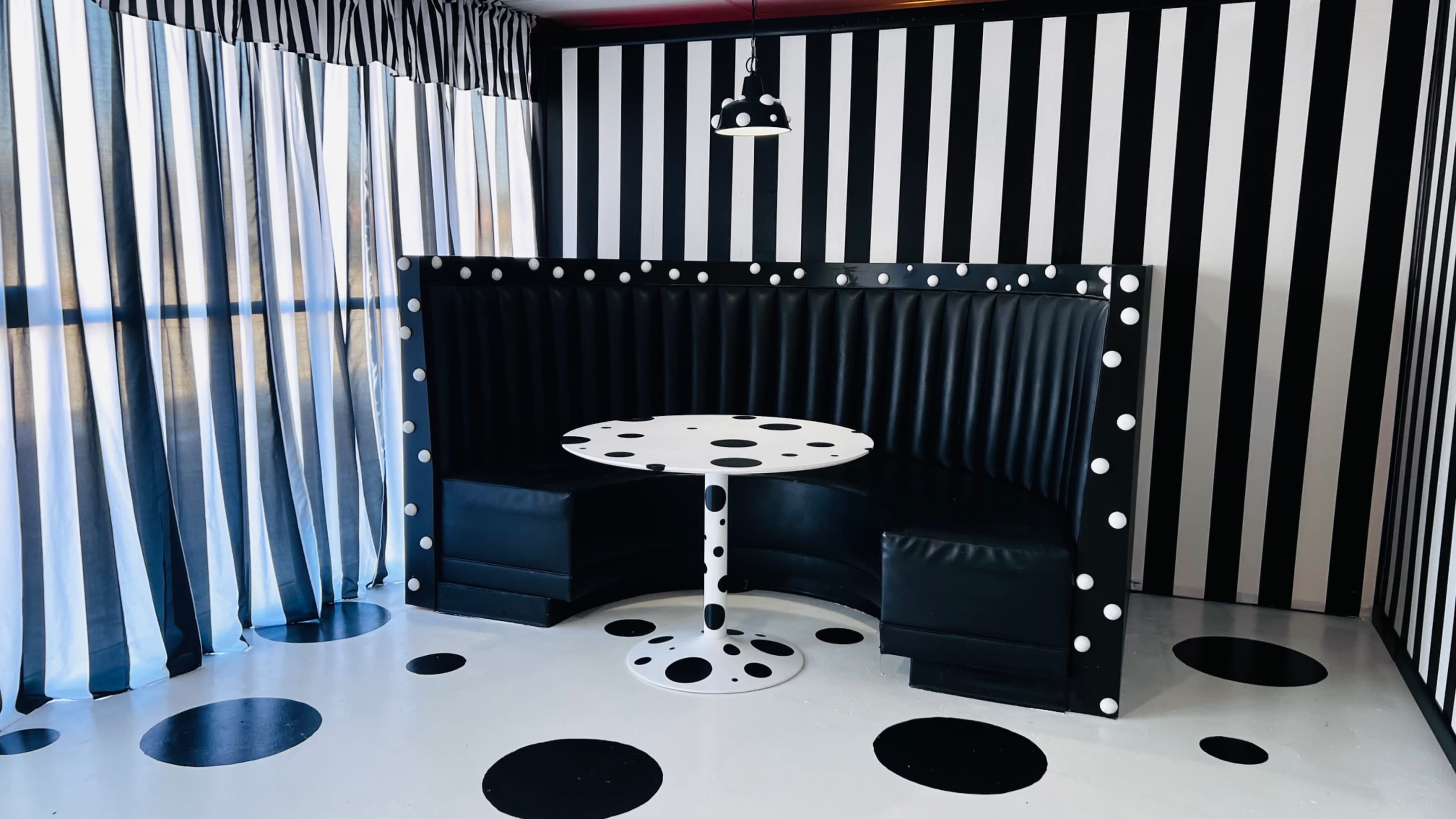Vintage Black & White 80s Studio w/ Polka Dot & Stripe Booth Image in Highland Hills, Mesquite, TX