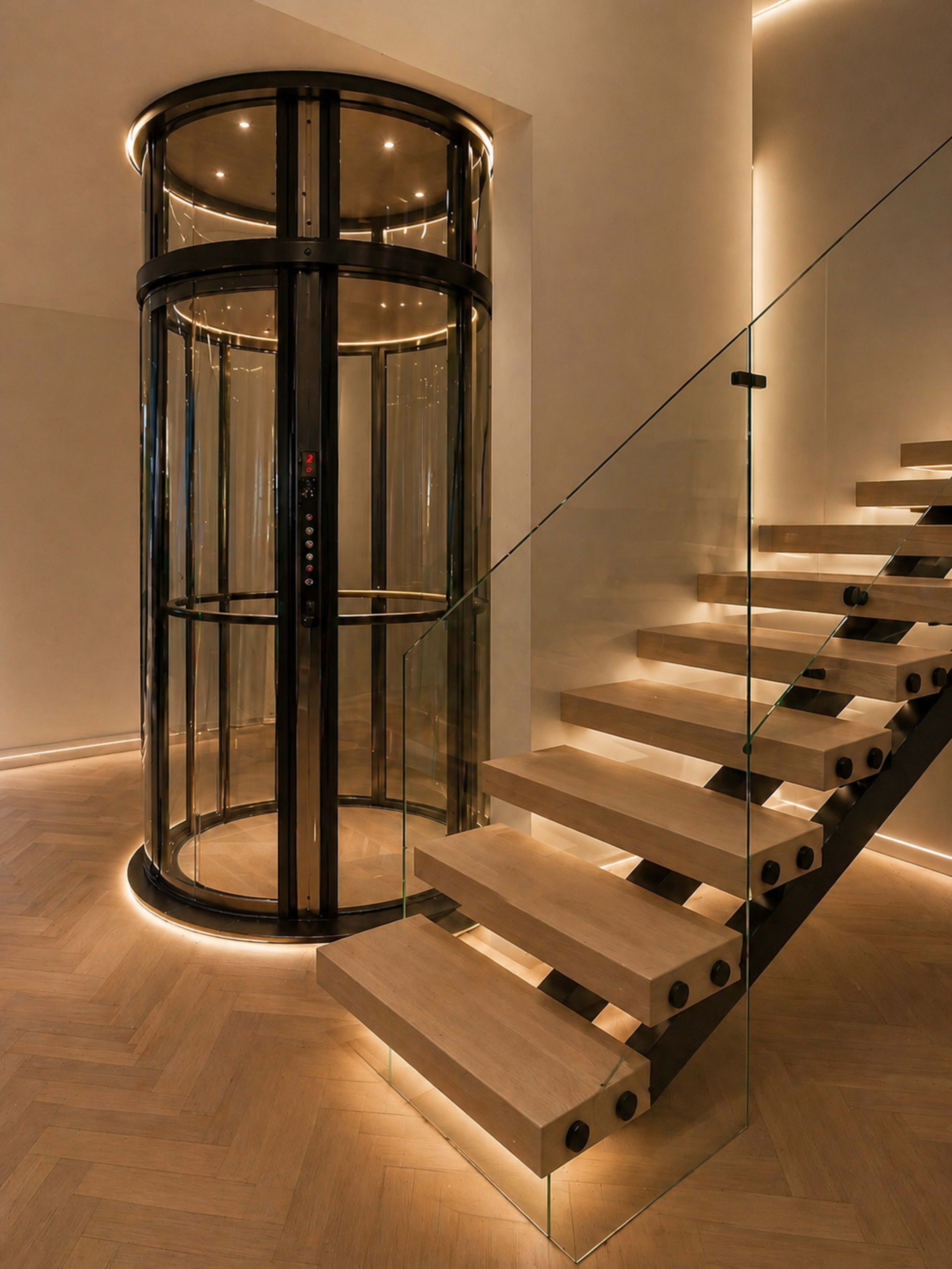 The image features a modern glass elevator next to a wooden staircase with a minimalist design, illuminated by soft ambient lighting.
