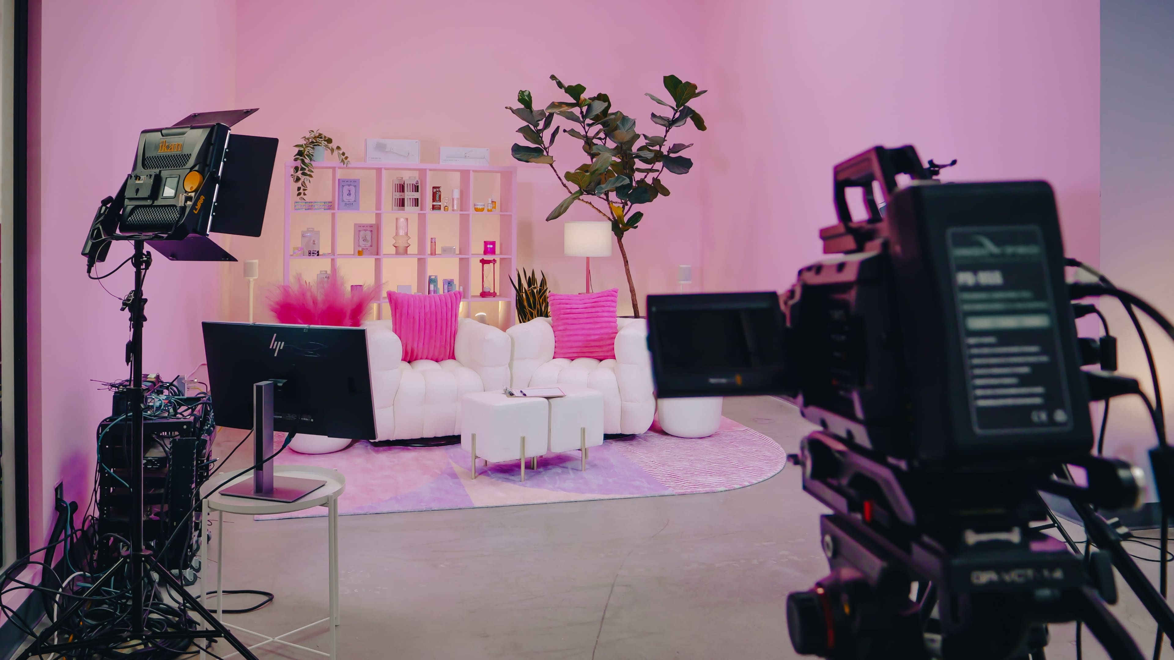 The scene features a bright pink studio setting with white furniture, green plants, and various decorative items arranged on shelves.