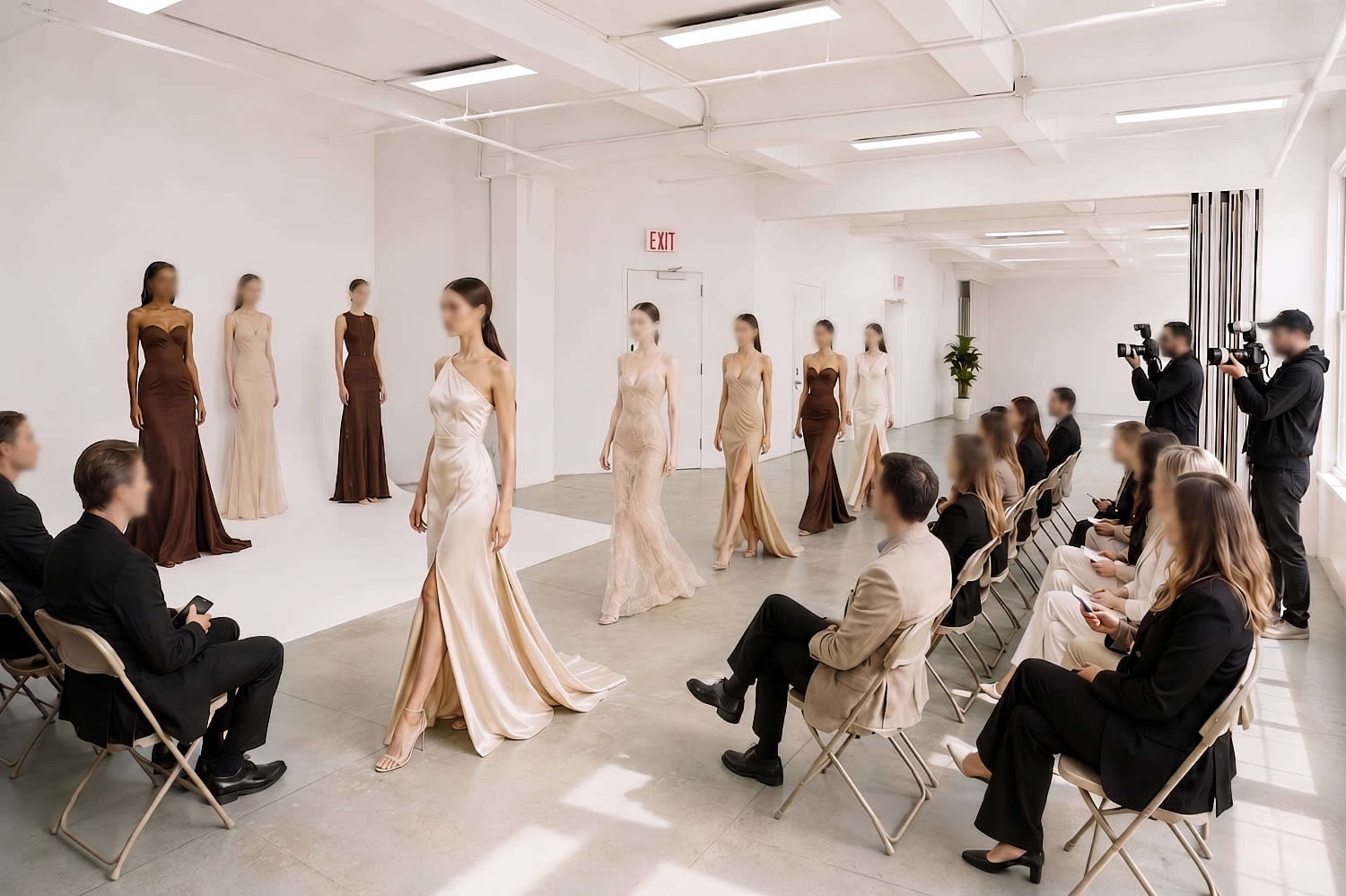 Models wearing various gowns walk in a well-lit space while an audience watches from seated rows.