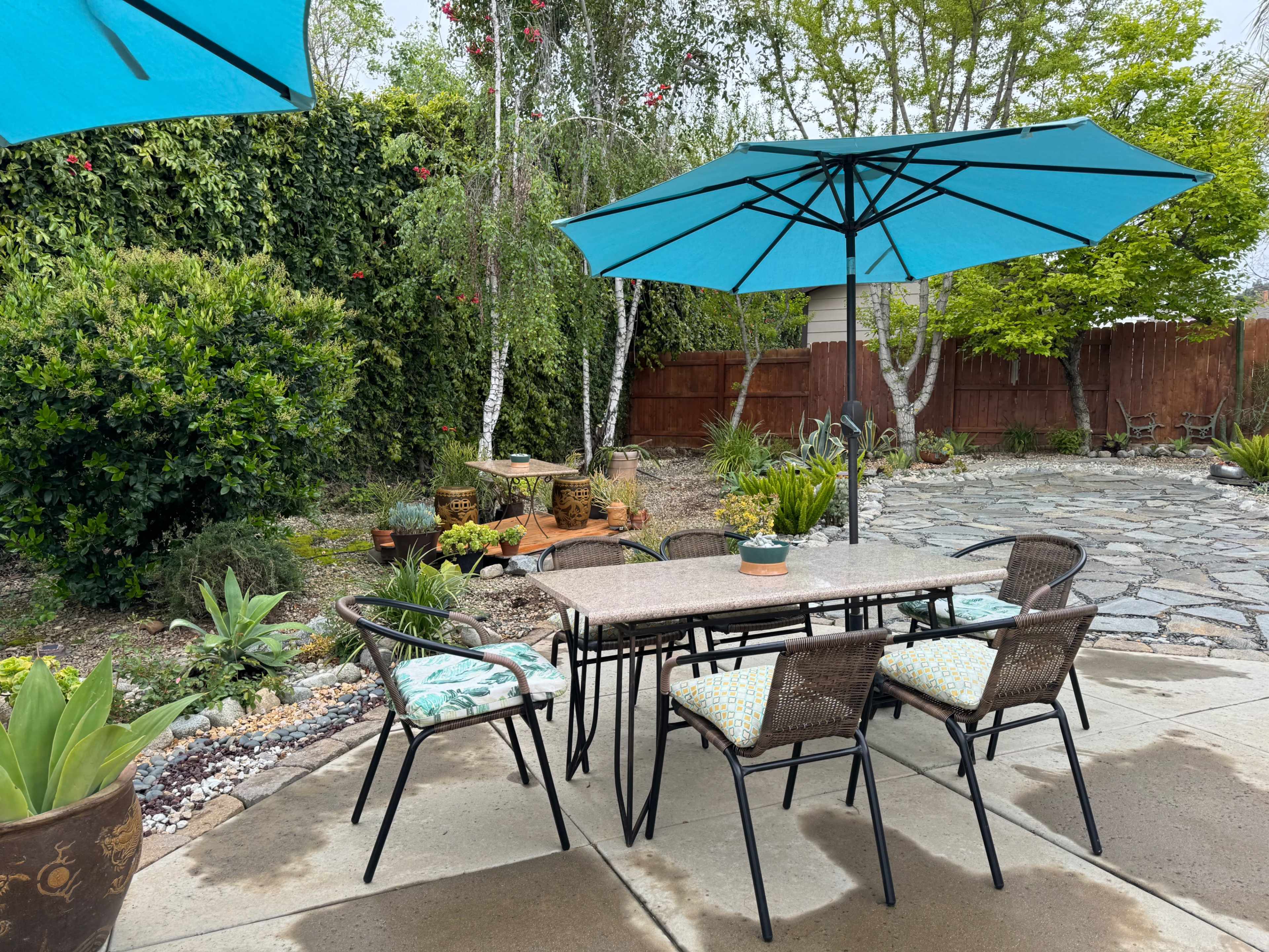 A patio area features a rectangular table surrounded by six chairs, all shaded by two large blue umbrellas in a landscaped garden.