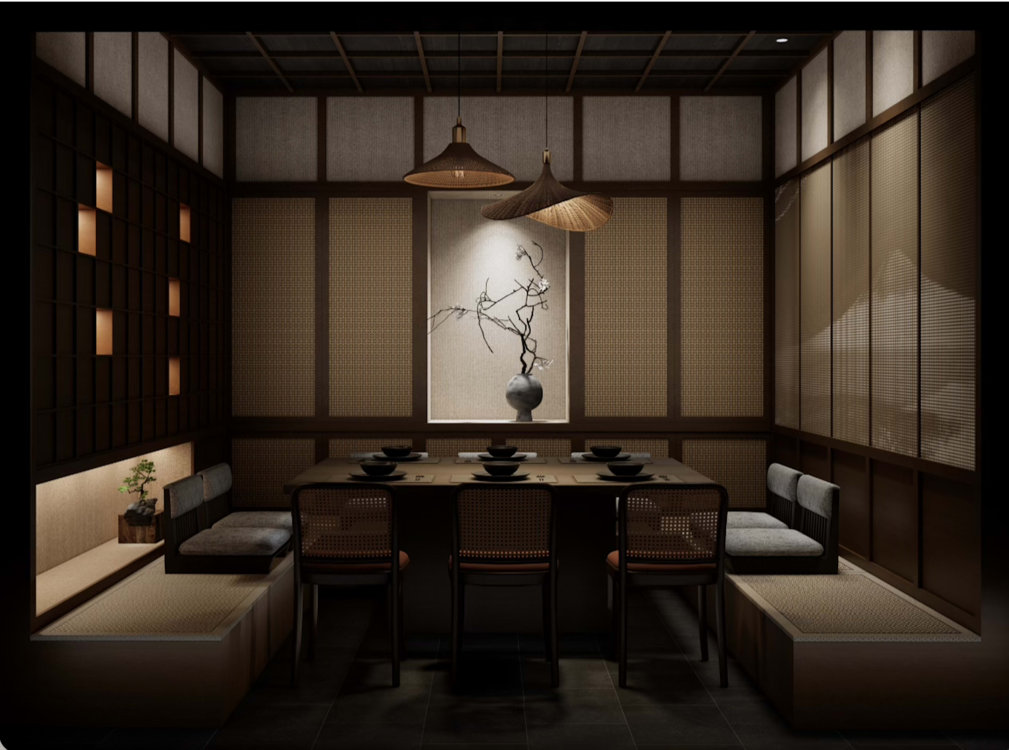 The image shows a dimly lit dining room with minimalist wooden furniture, a central table set for a meal, and decorative wall elements including a vase and artwork.