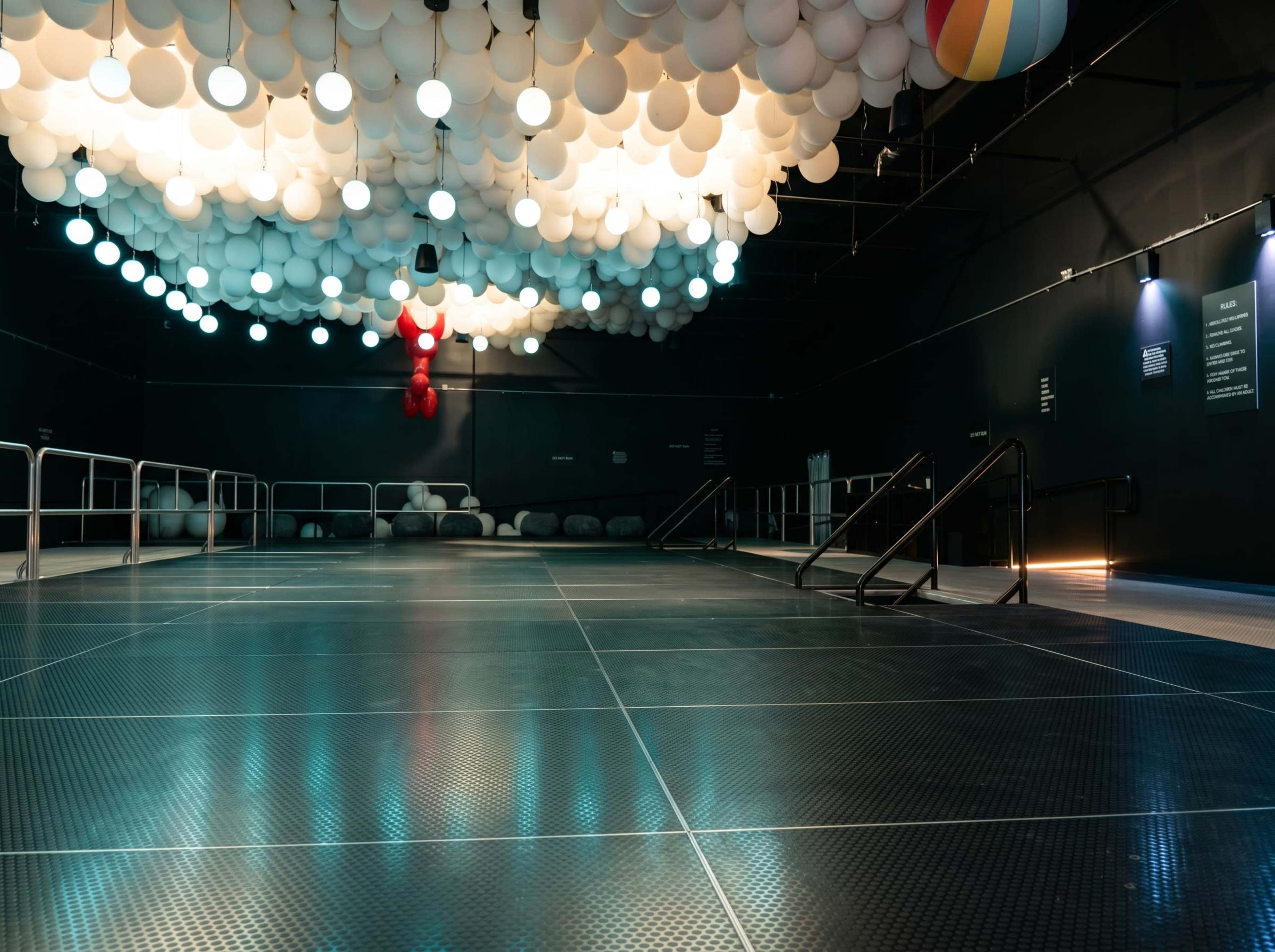 An empty industrial space features a smooth, reflective floor and a ceiling adorned with colorful, suspended lights.