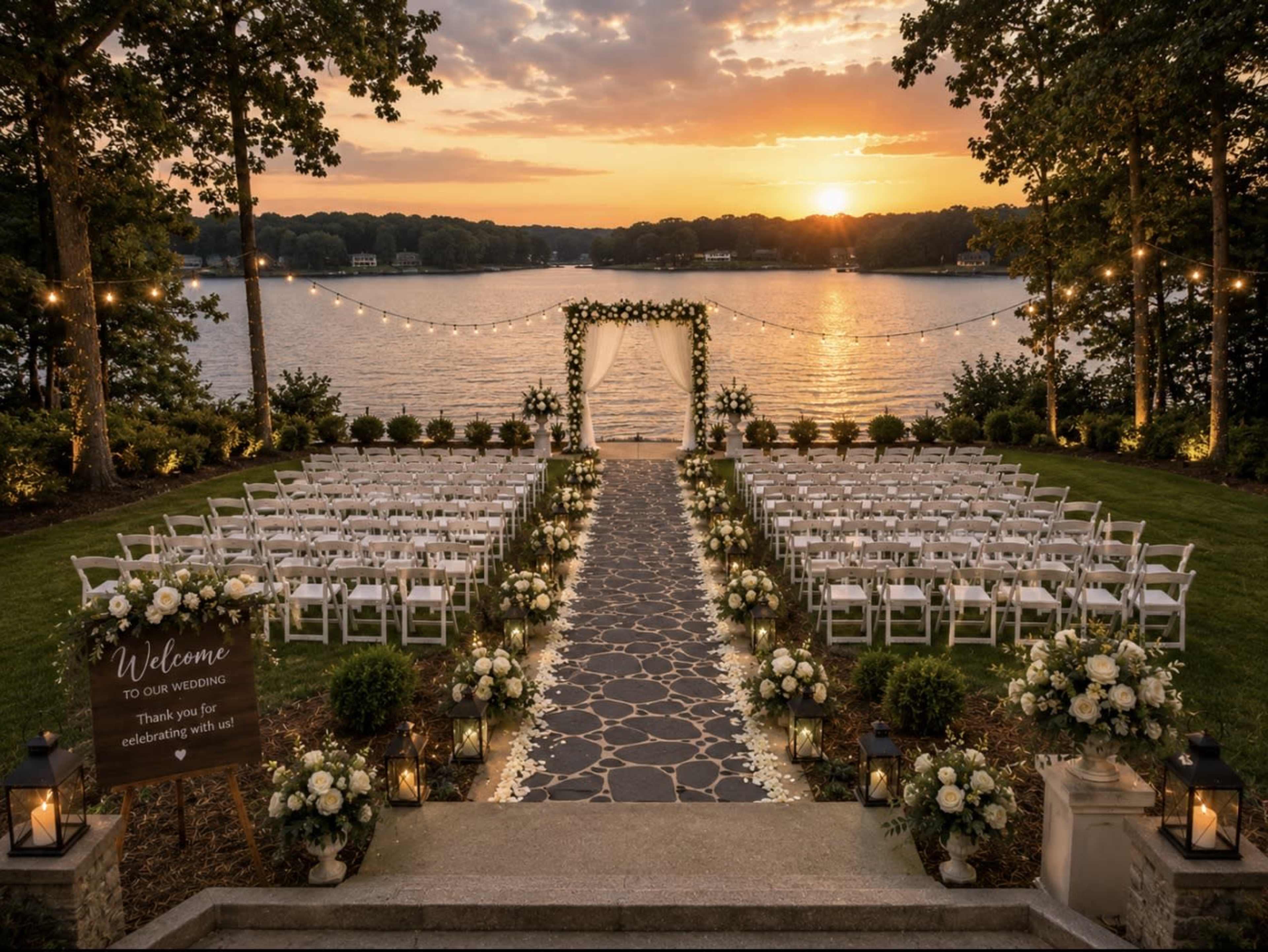 A wedding ceremony is set up by a lakeside at sunset, featuring floral arrangements, rows of white chairs, and an archway adorned with greenery.