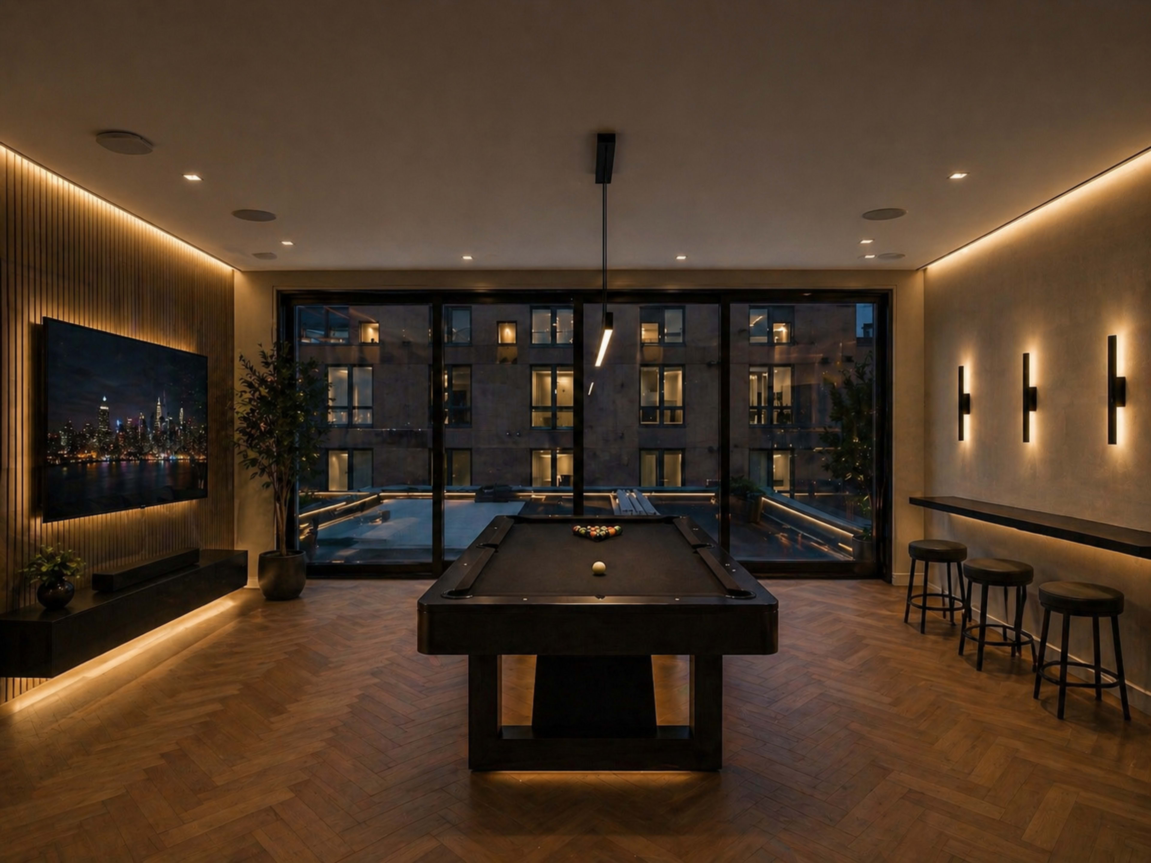 The image shows a modern game room with a pool table, illuminated by soft lighting and large windows showcasing an outdoor view.