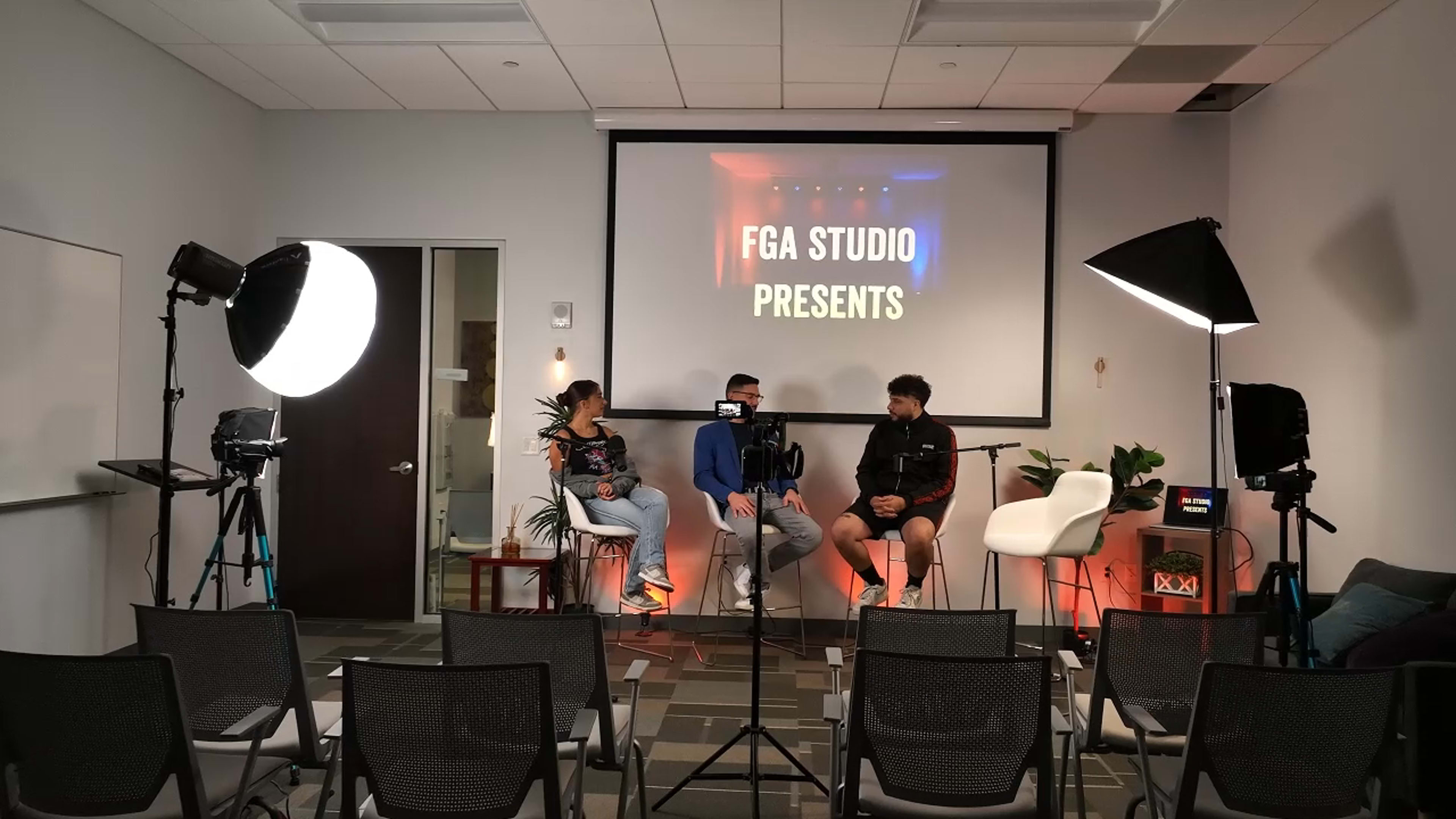 Modern Studio for Podcasts, Panels & Video Production w/ Live Audience Event Setup Image in Downtown Miami, Miami, FL
