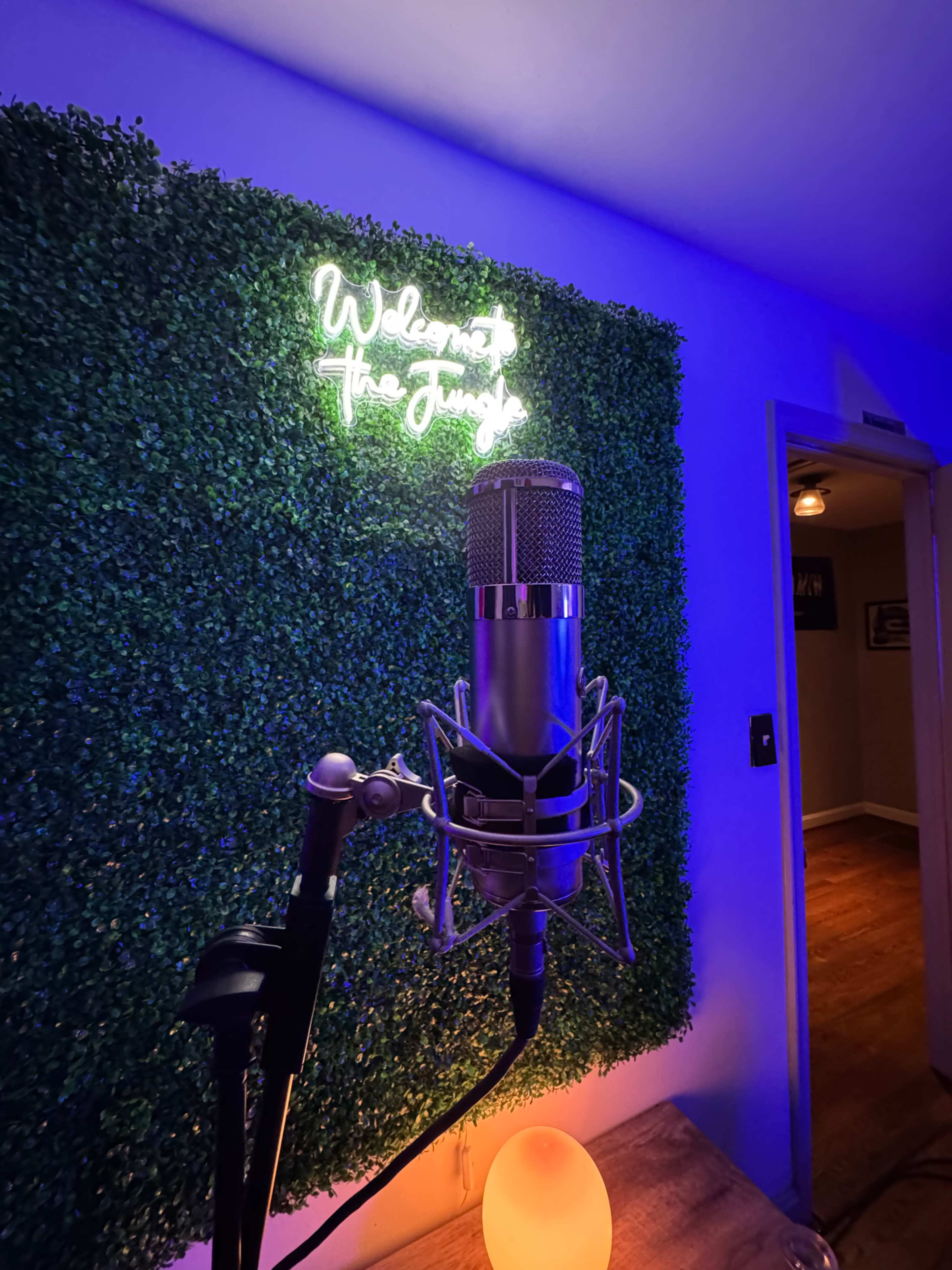 A microphone is positioned in front of a green wall decorated with a neon sign that reads "Welcome to The Jungle."