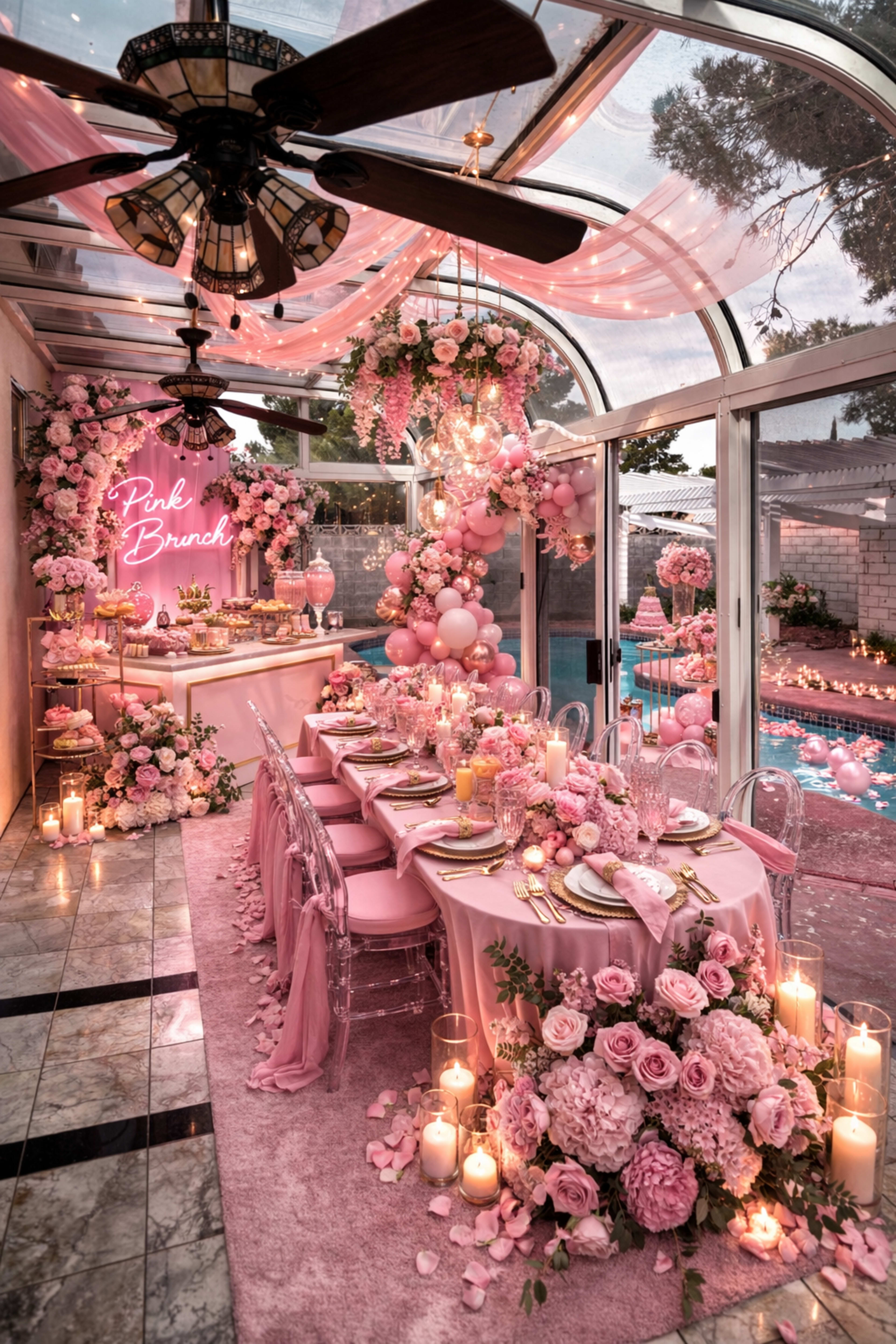 A beautifully decorated indoor space features a long pink dining table surrounded by transparent chairs, adorned with flowers, candles, and pink balloons.
