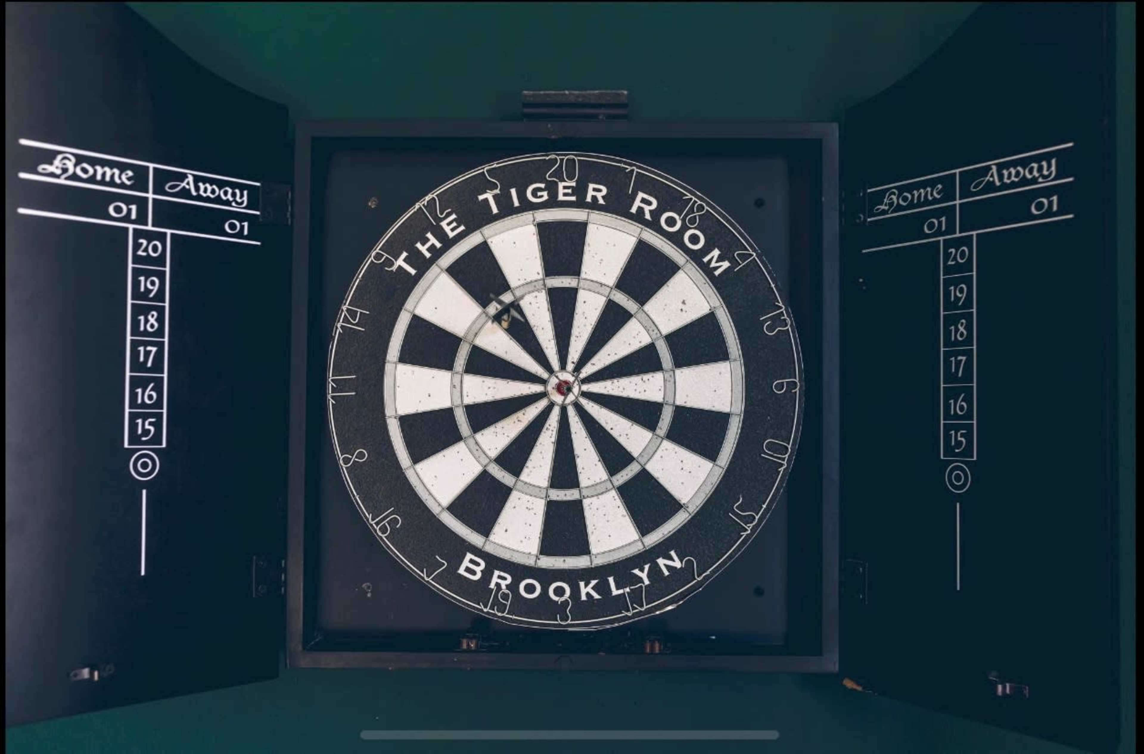 A dartboard with the words "The Tiger Room" and "Brooklyn" on it, flanked by two hinged panels displaying scorekeeping sections labeled "Home" and "Away."