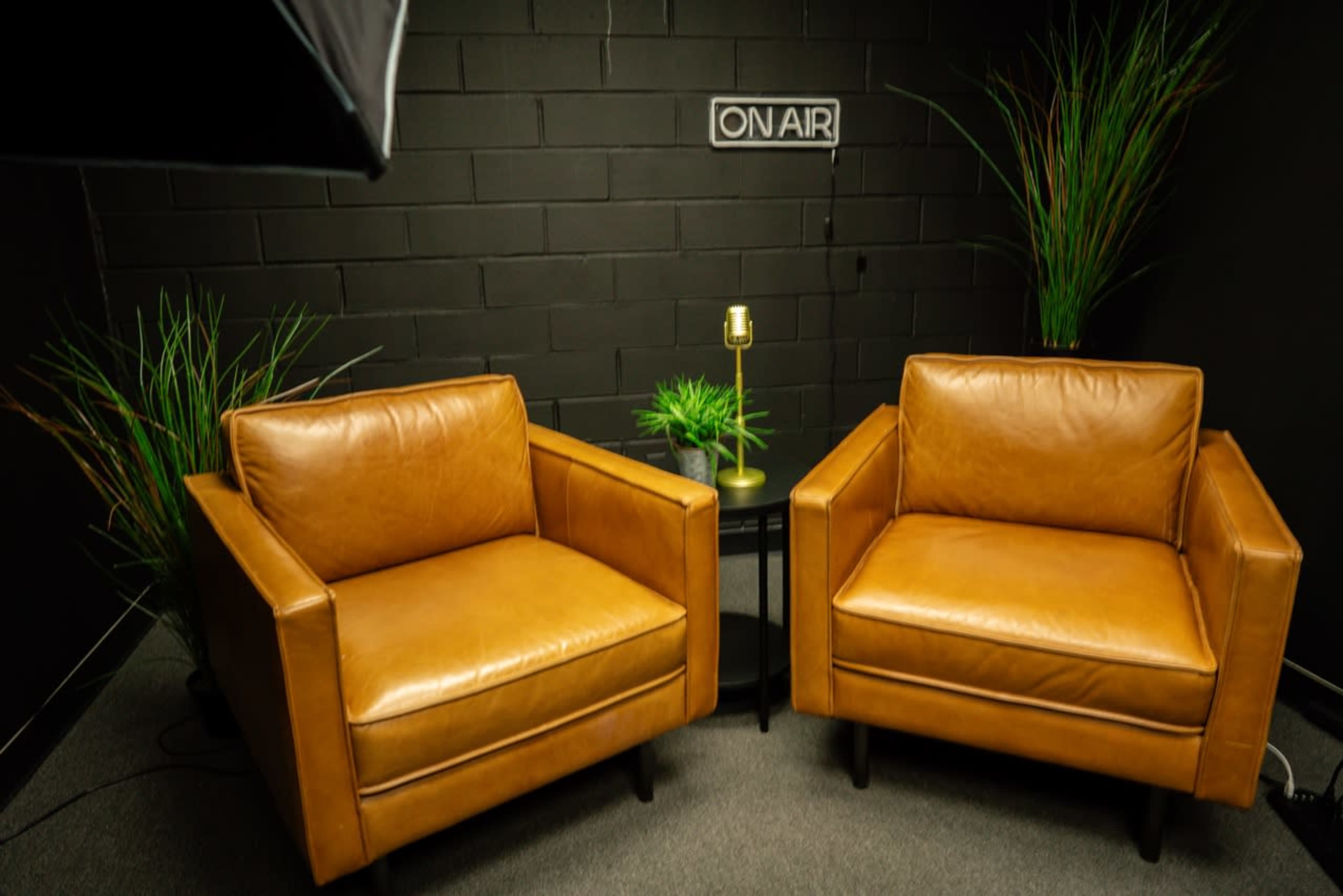 Two tan leather armchairs positioned opposite each other with a small side table and decorative plants in a dimly lit studio space, featuring an "ON AIR" sign on the black wall.