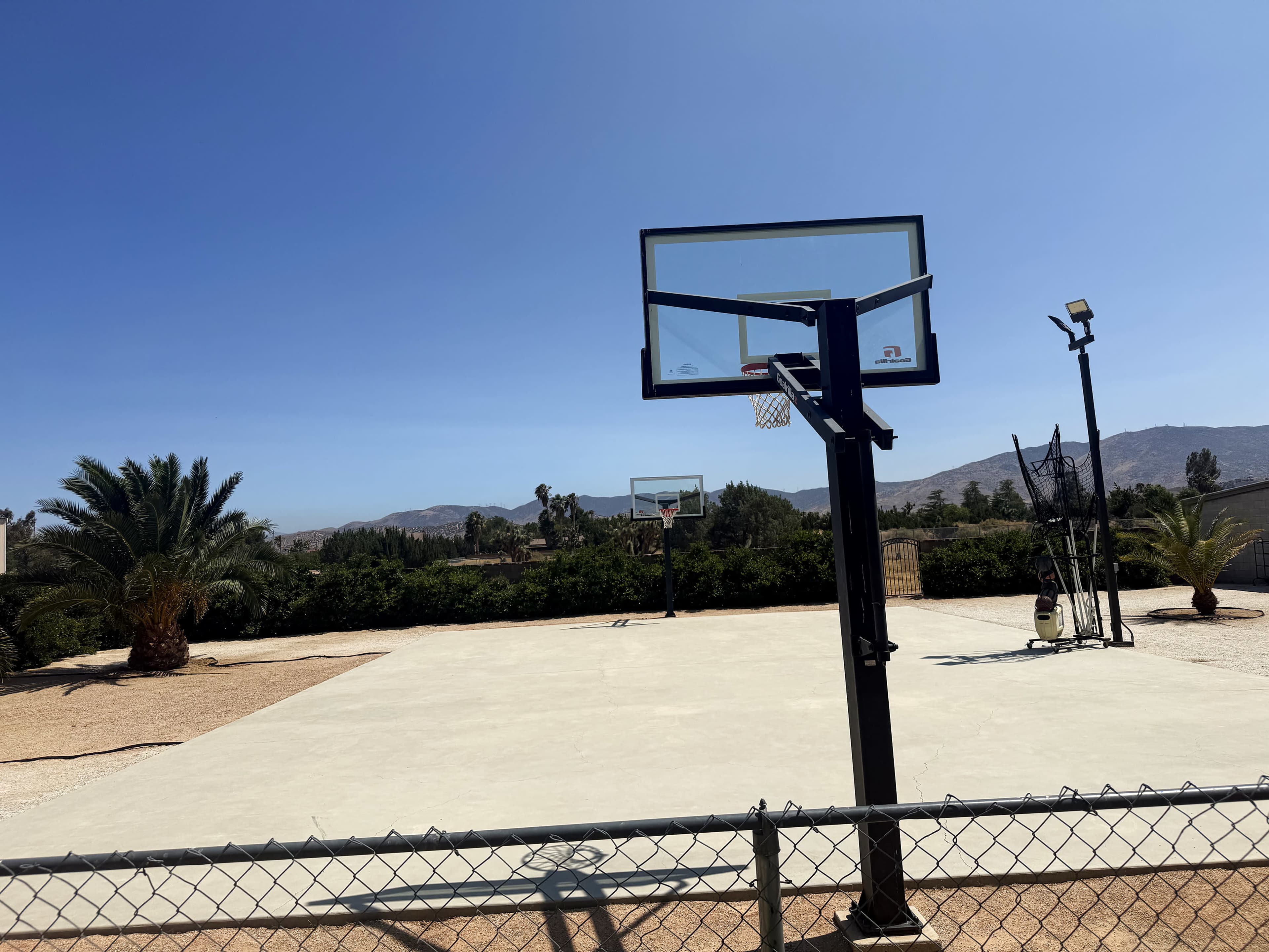 The image shows a basketball court featuring two hoops, surrounded by palm trees and a fence, under a clear blue sky.