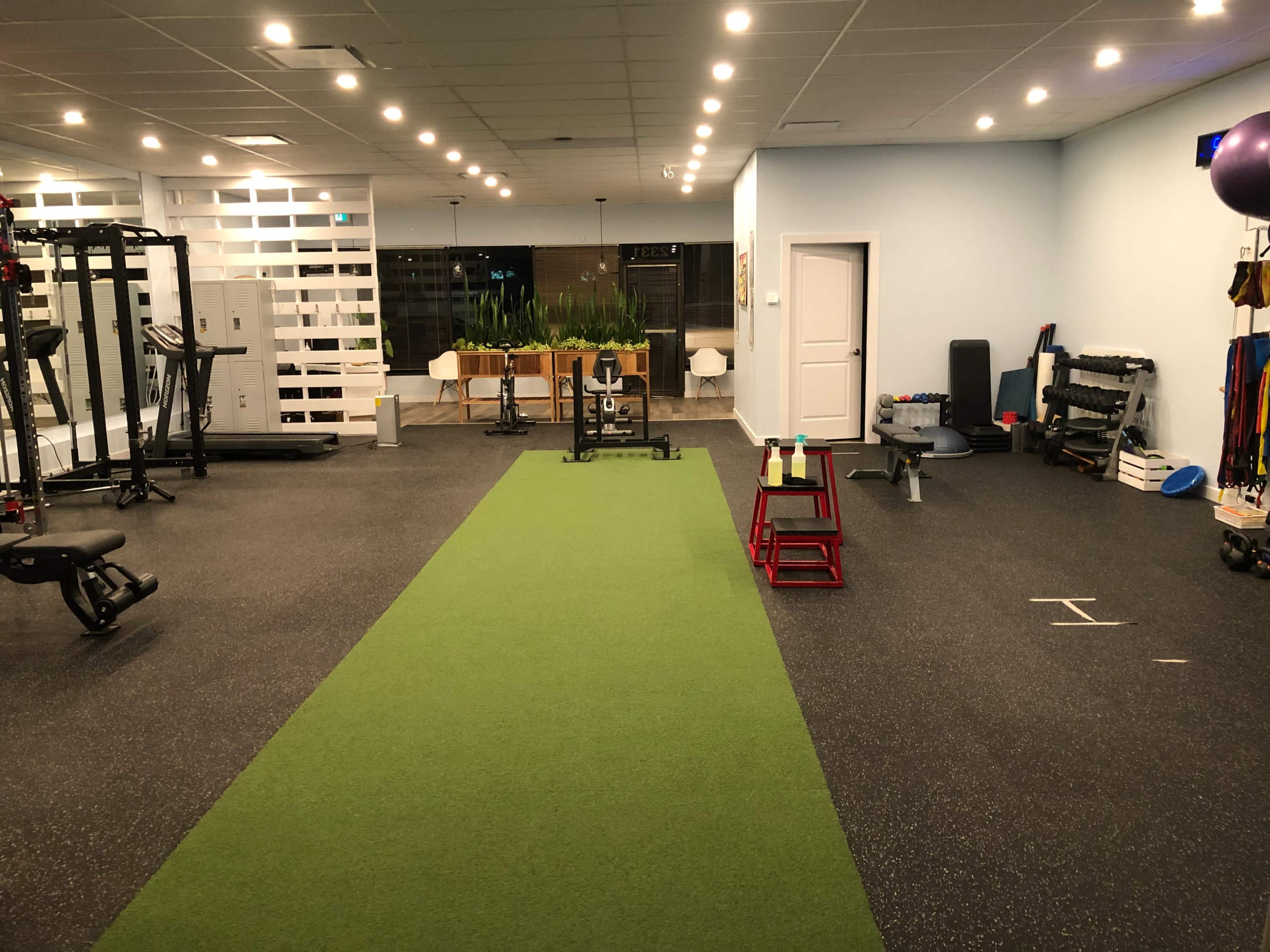 A spacious gym with a green turf area, various exercise equipment, and large windows letting in light.