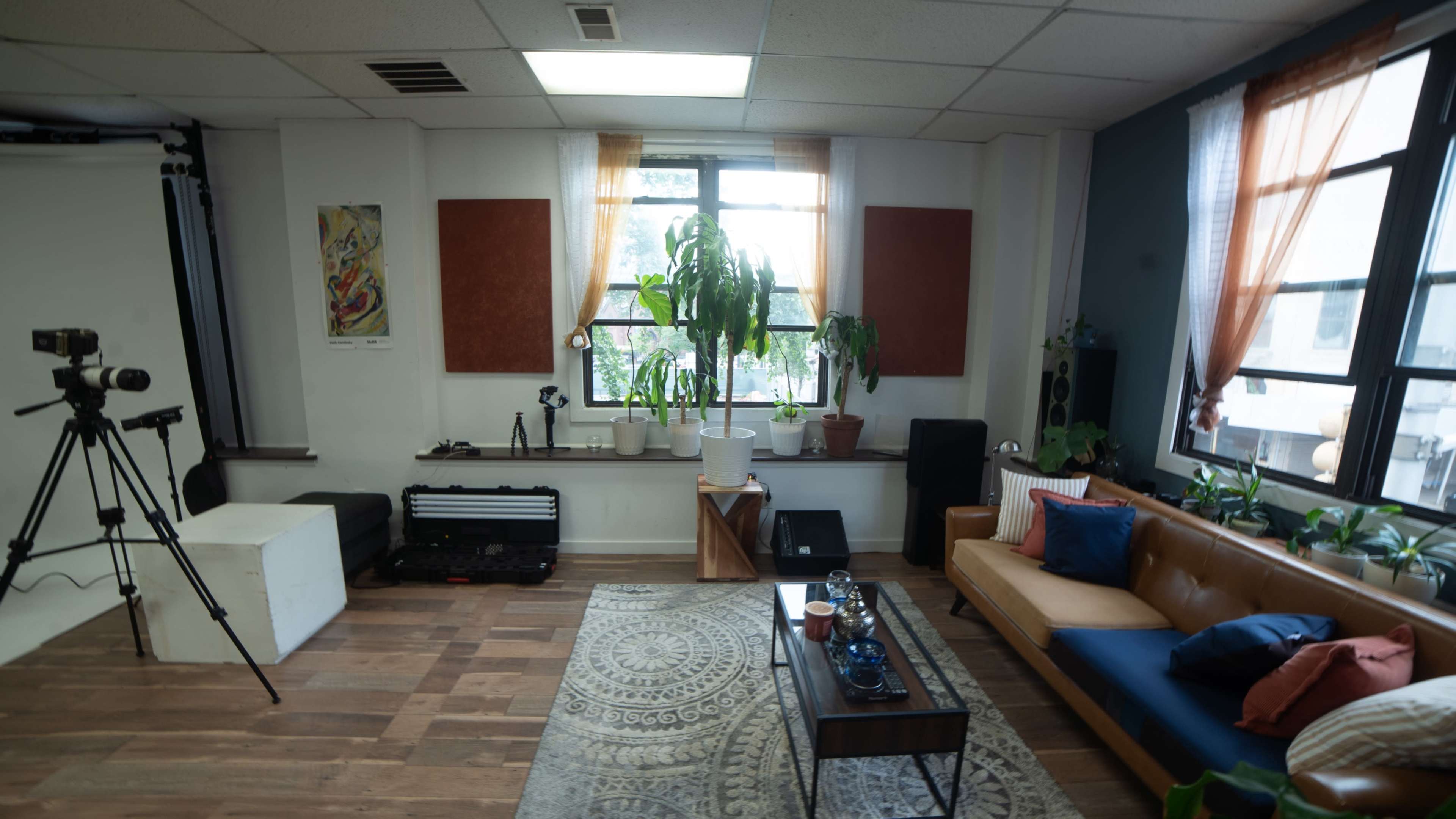 The image shows a well-lit studio space featuring a sofa, a coffee table, several plants, and cameras set up for photography or videography.