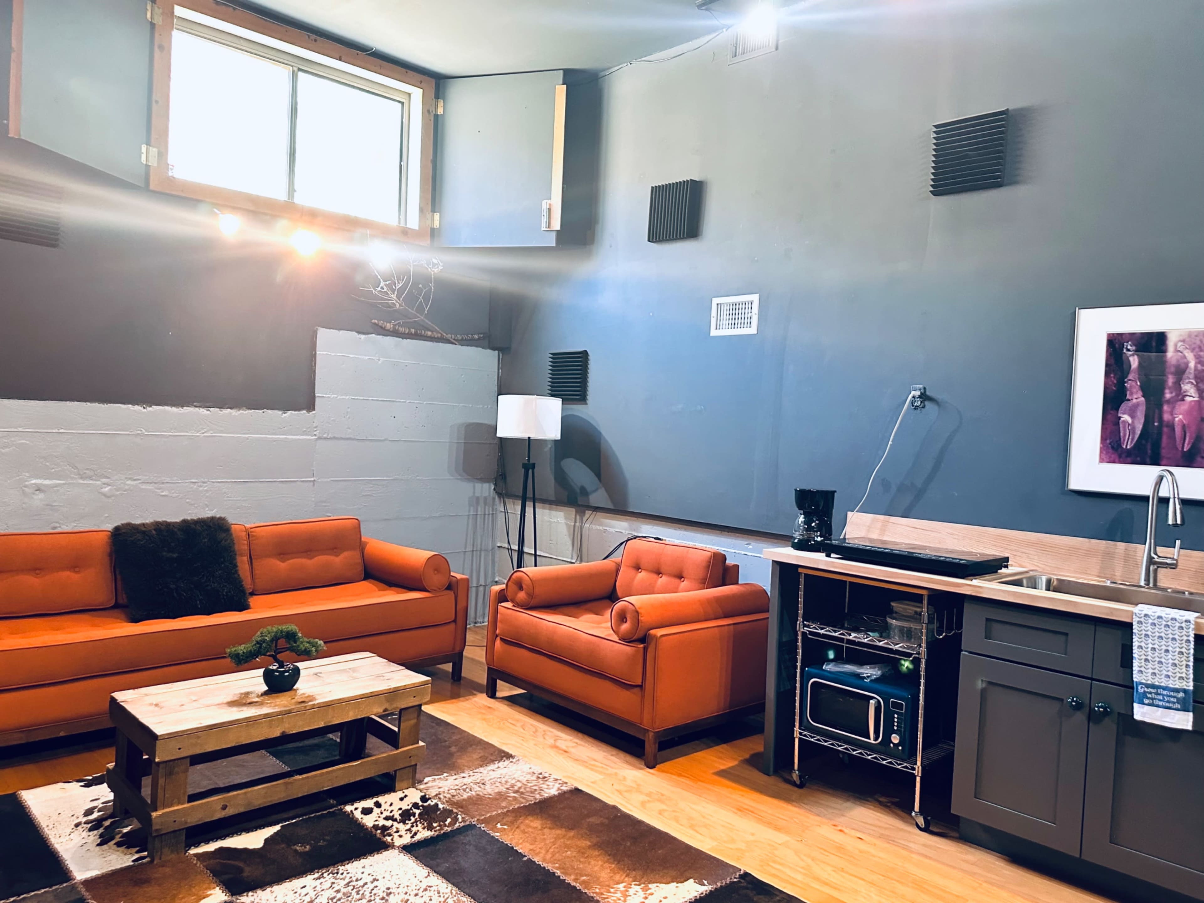 The image shows a small room with two orange couches, a coffee table, a kitchenette with a sink and microwave, and a large window letting in natural light.