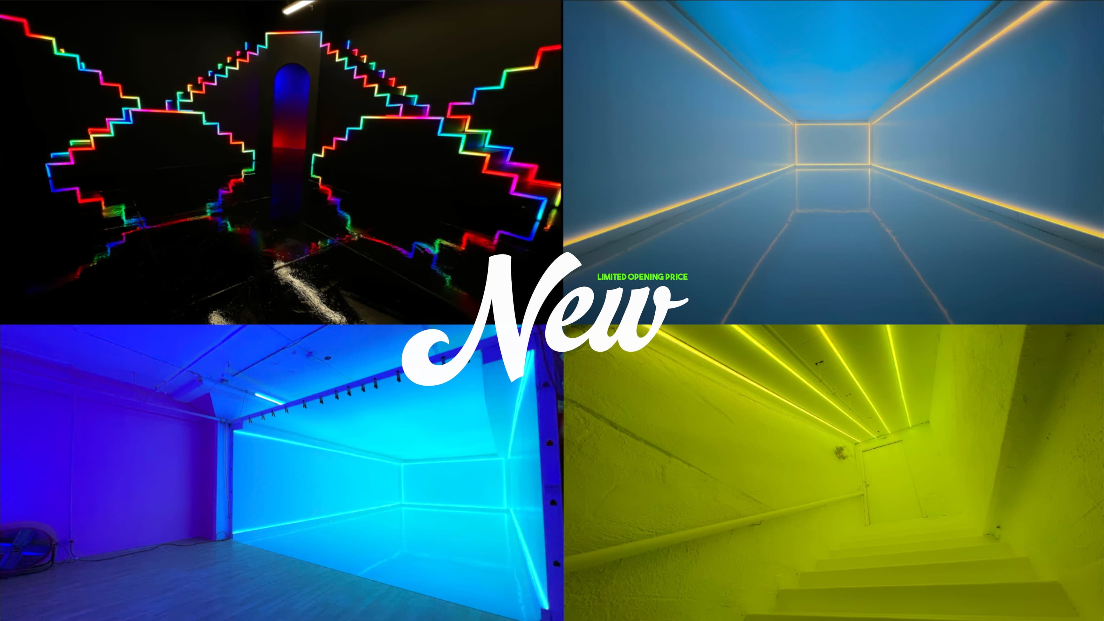 Four distinct rooms with vibrant neon lighting effects, featuring colorful geometric patterns and illuminated walls.