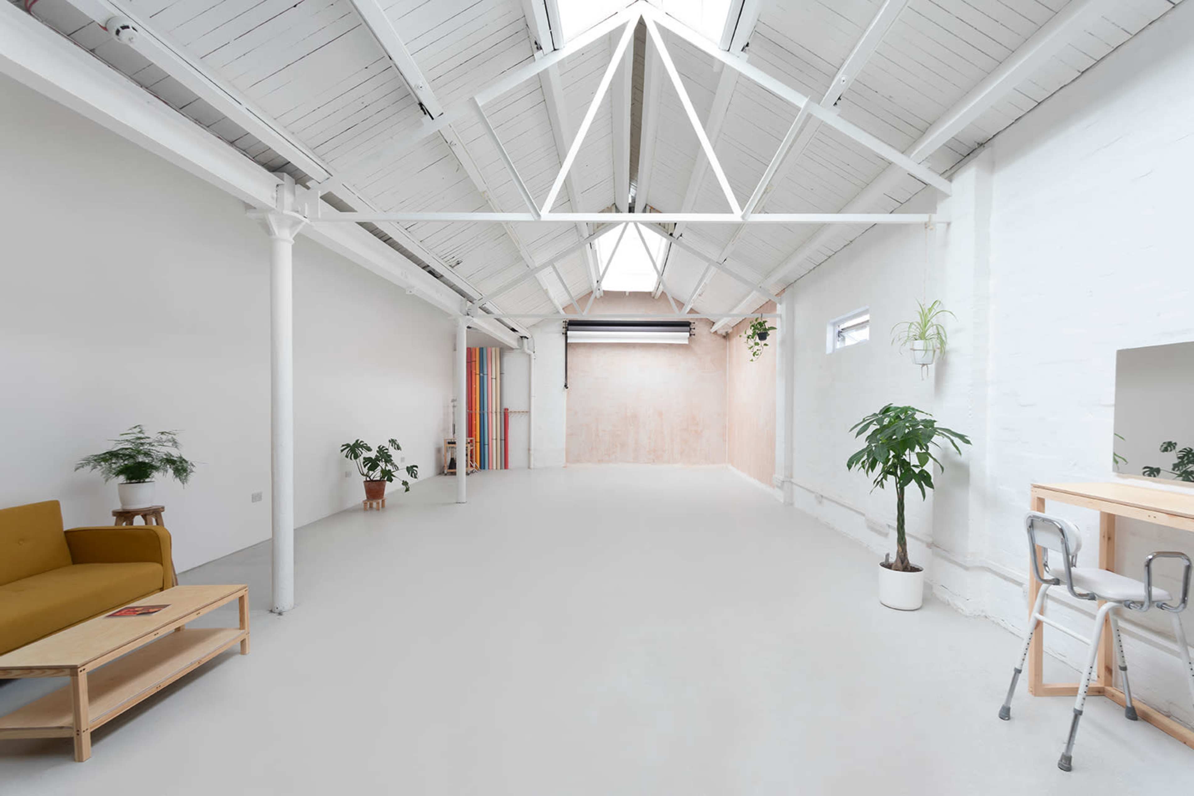 A spacious, well-lit interior of a modern studio with high ceilings, minimal furniture, and several plants along the walls.