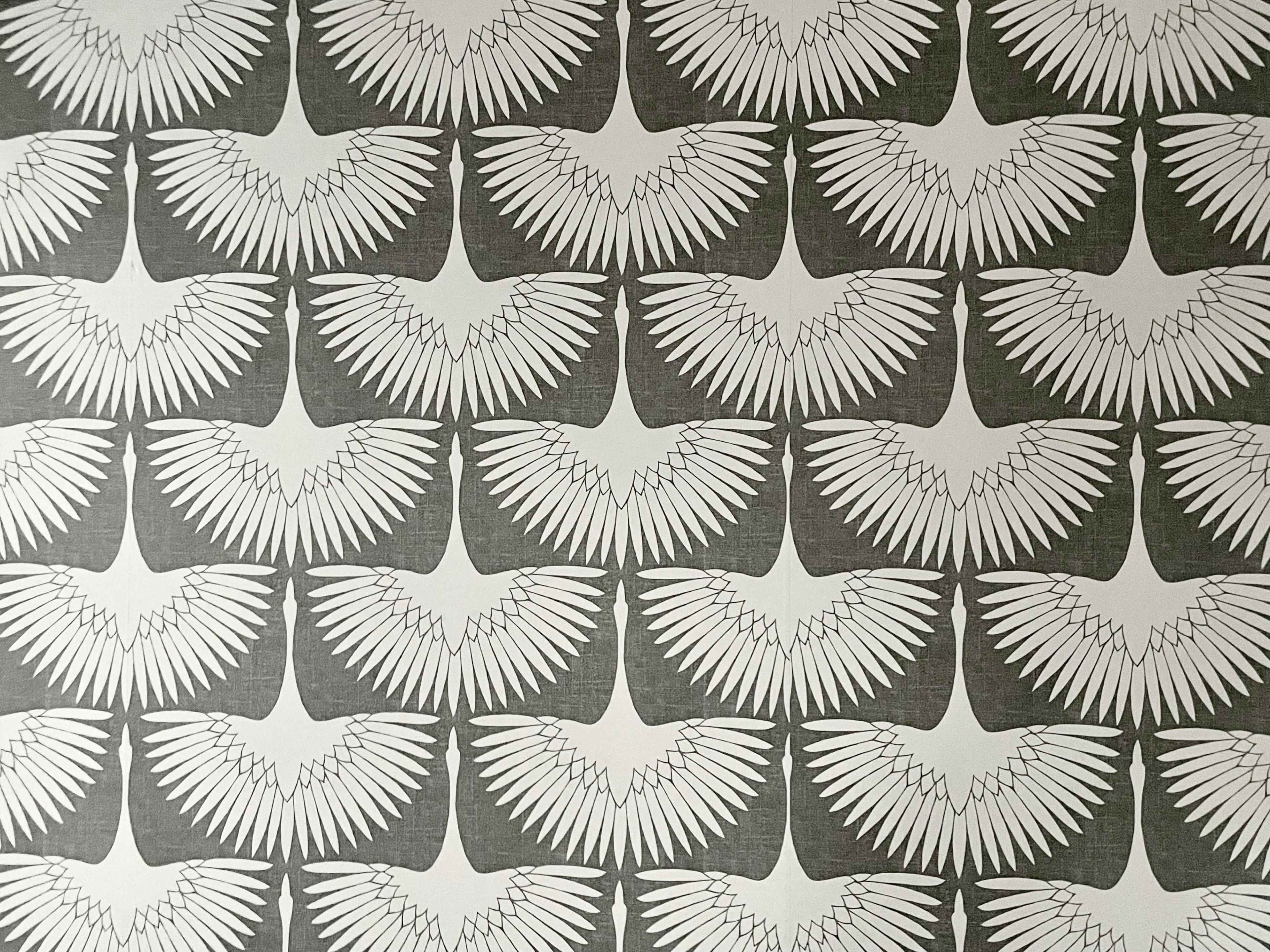 A patterned wallpaper with repeated designs of bird wings in white on a dark gray background.