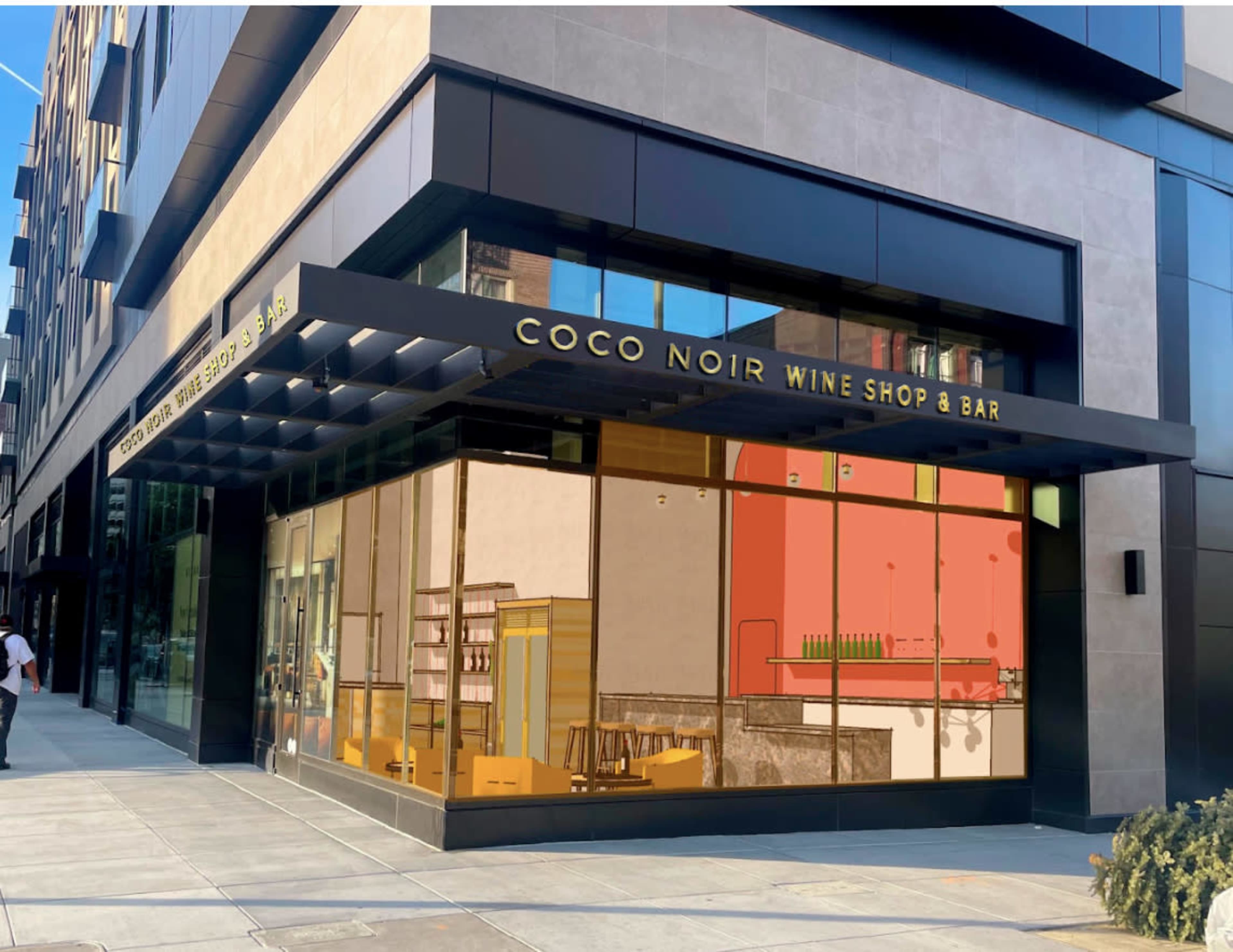 The exterior of a wine shop and bar named "Coco Noir," featuring large glass windows and a modern architectural design.