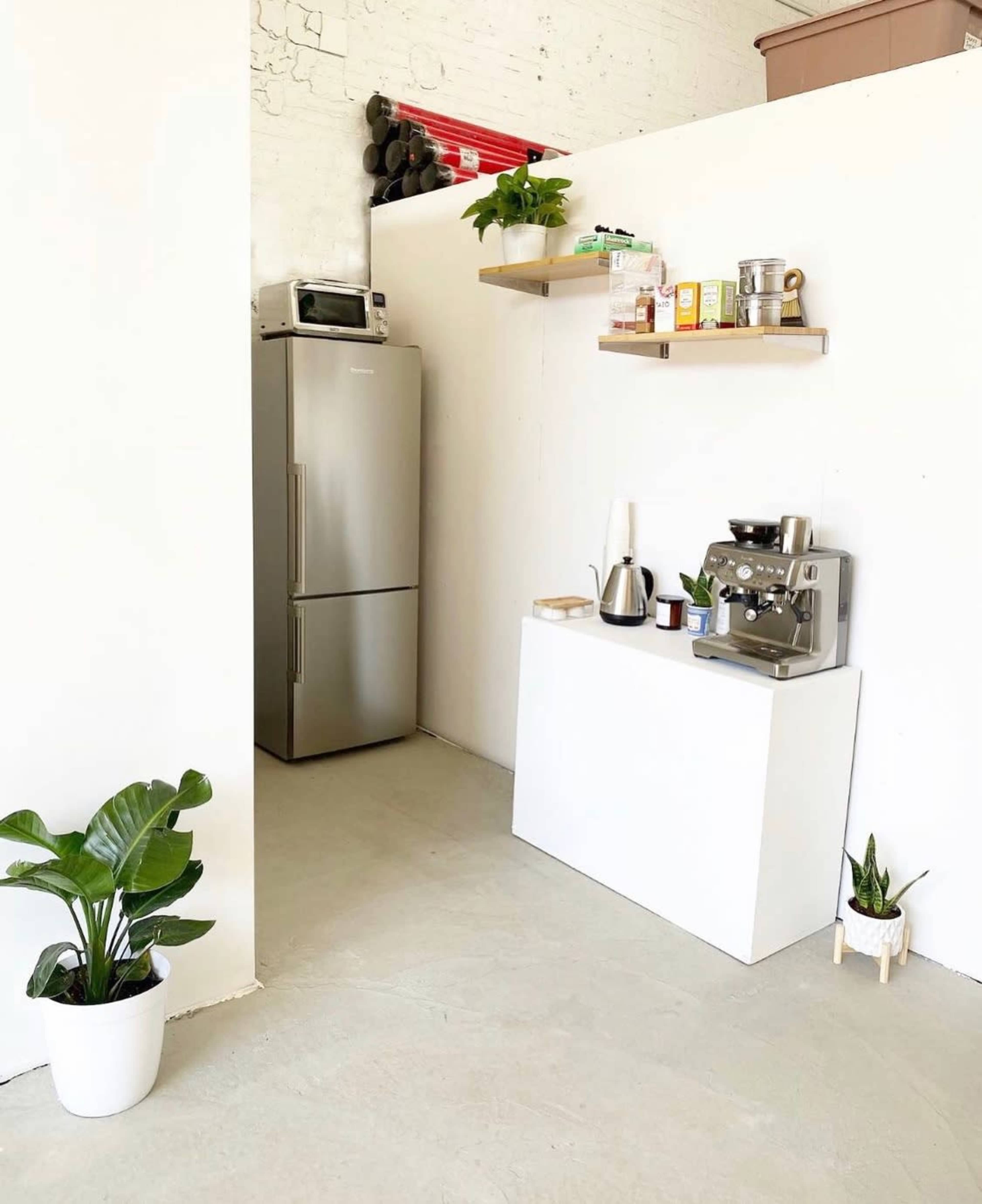 A minimalist kitchen corner featuring a stainless steel refrigerator, shelves with food items, a coffee machine, and several potted plants.