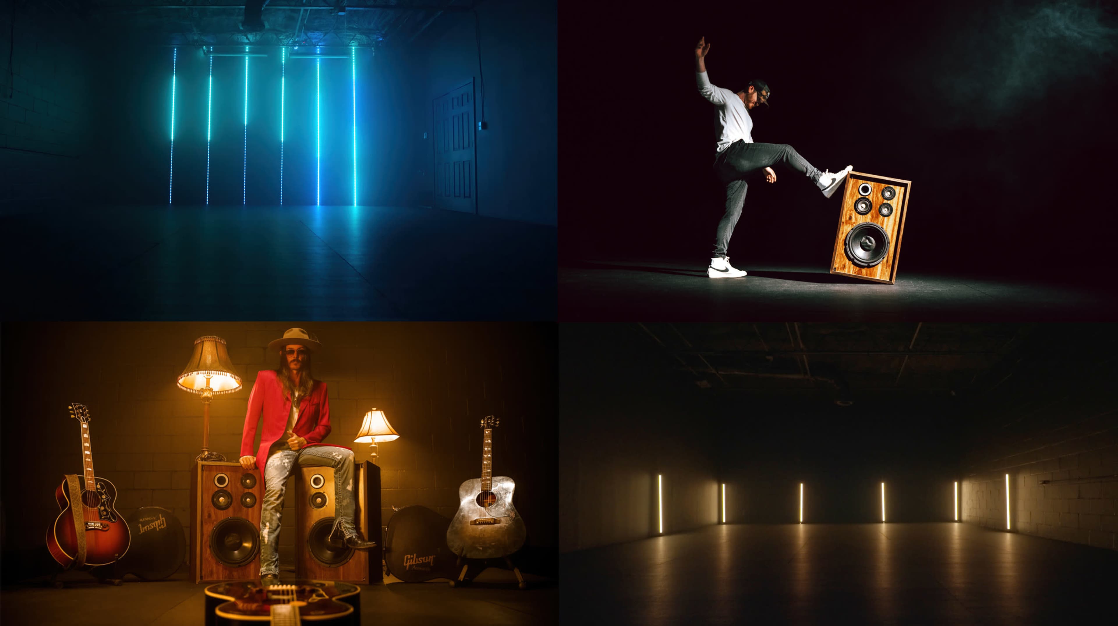 Divided into four sections showing a musician interacting with large speakers, illuminated by colorful lights, alongside acoustic guitars and a lamp in a dimly lit room.