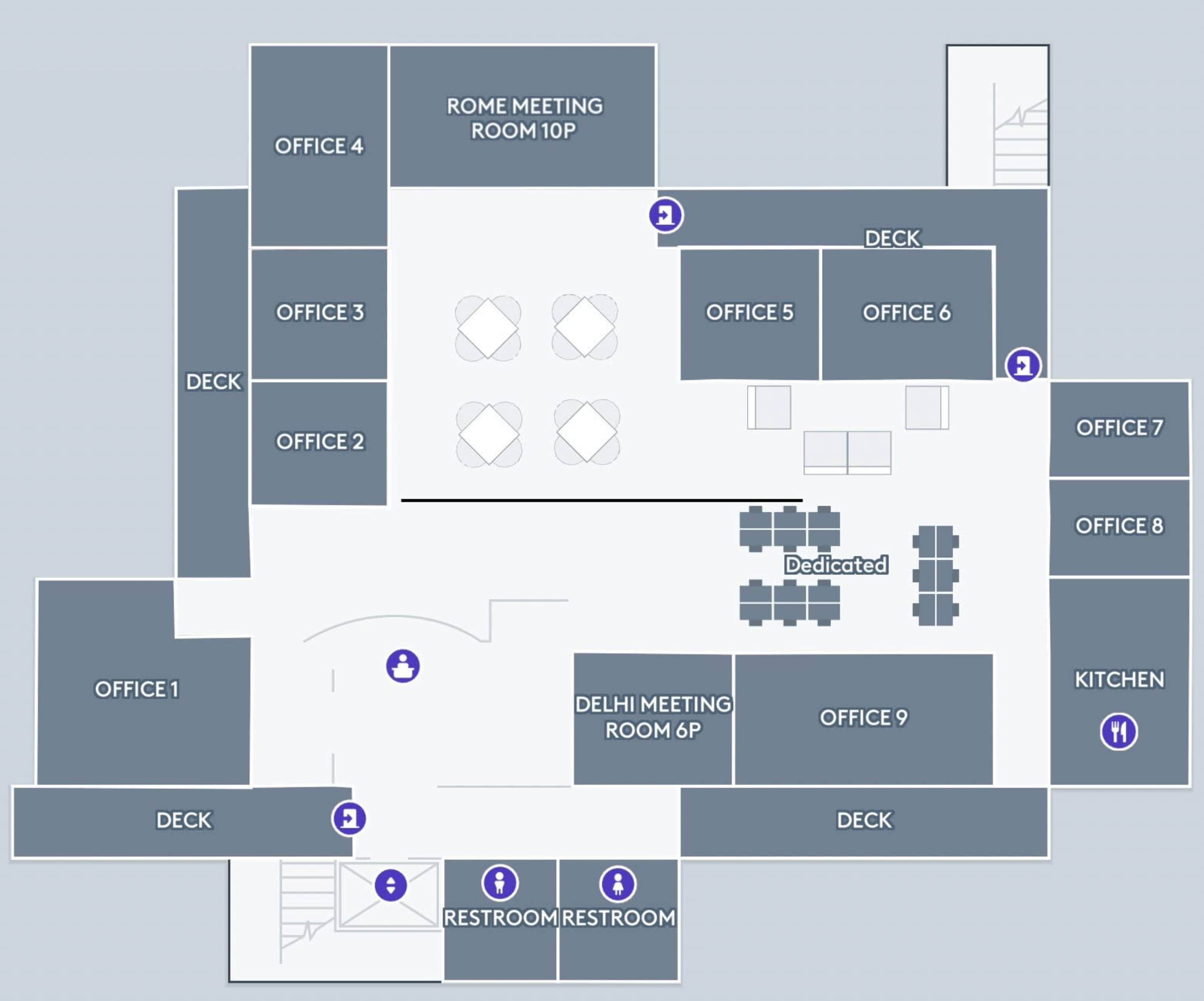 The floor plan shows the layout of an office space with multiple offices, meeting rooms, decks, and restrooms.