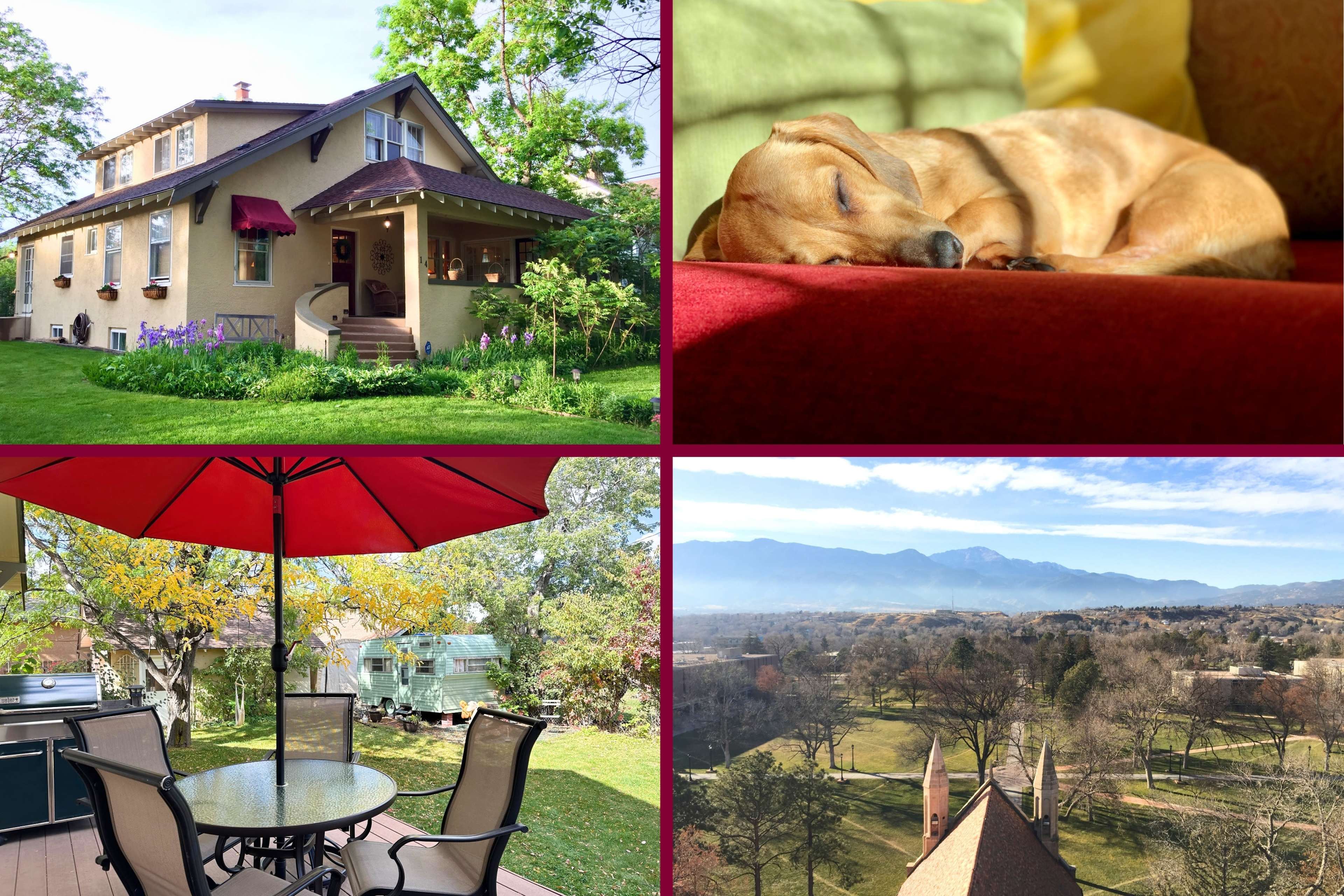The image features a collage of four scenes: a charming house surrounded by greenery, a sleeping dog nestled on a couch, a patio set with an umbrella overlooking a garden, and a panoramic view of mountains from a high vantage point.