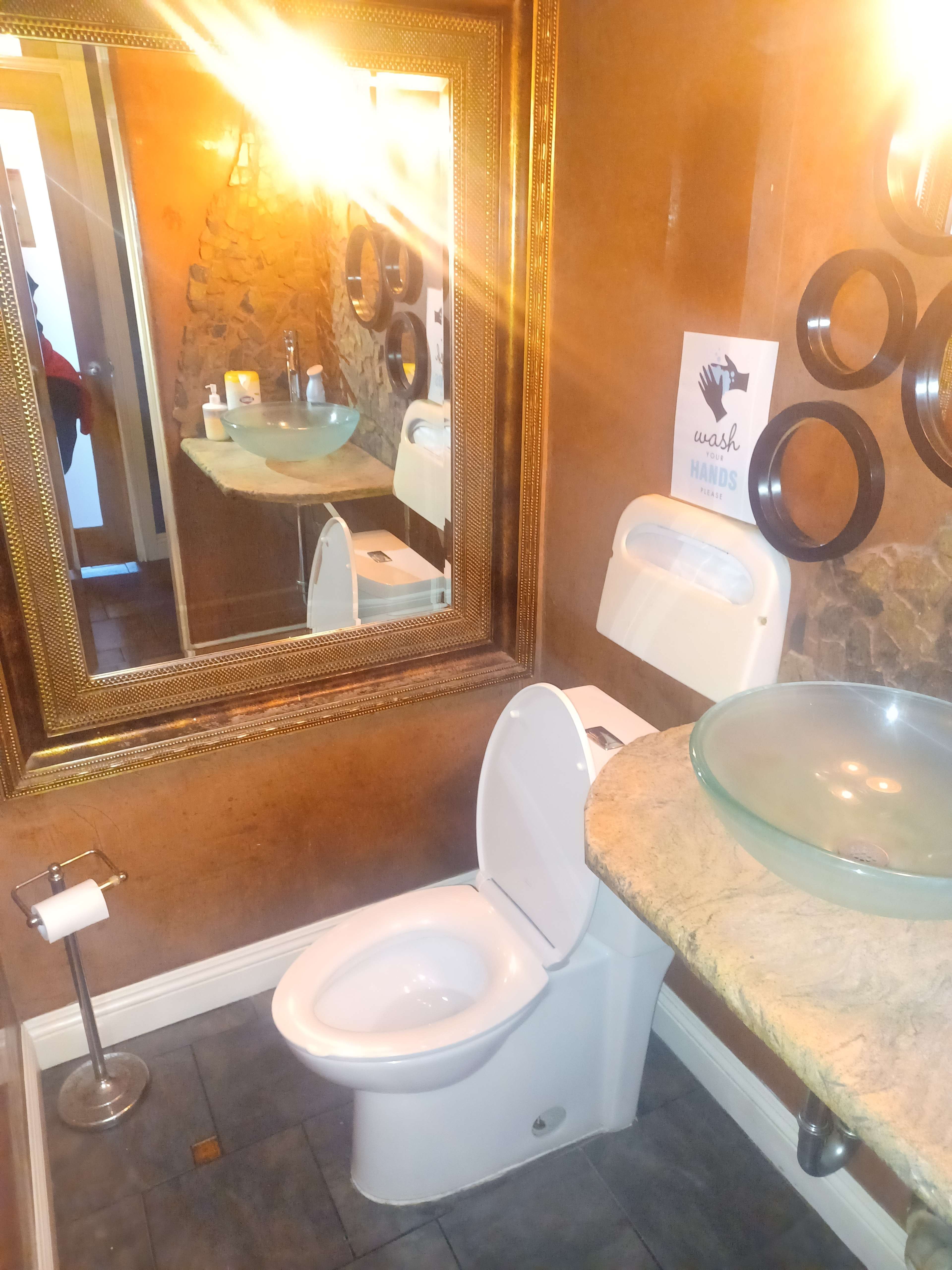 A small bathroom with a toilet, a glass sink on a stone countertop, and a large mirror framed in gold.
