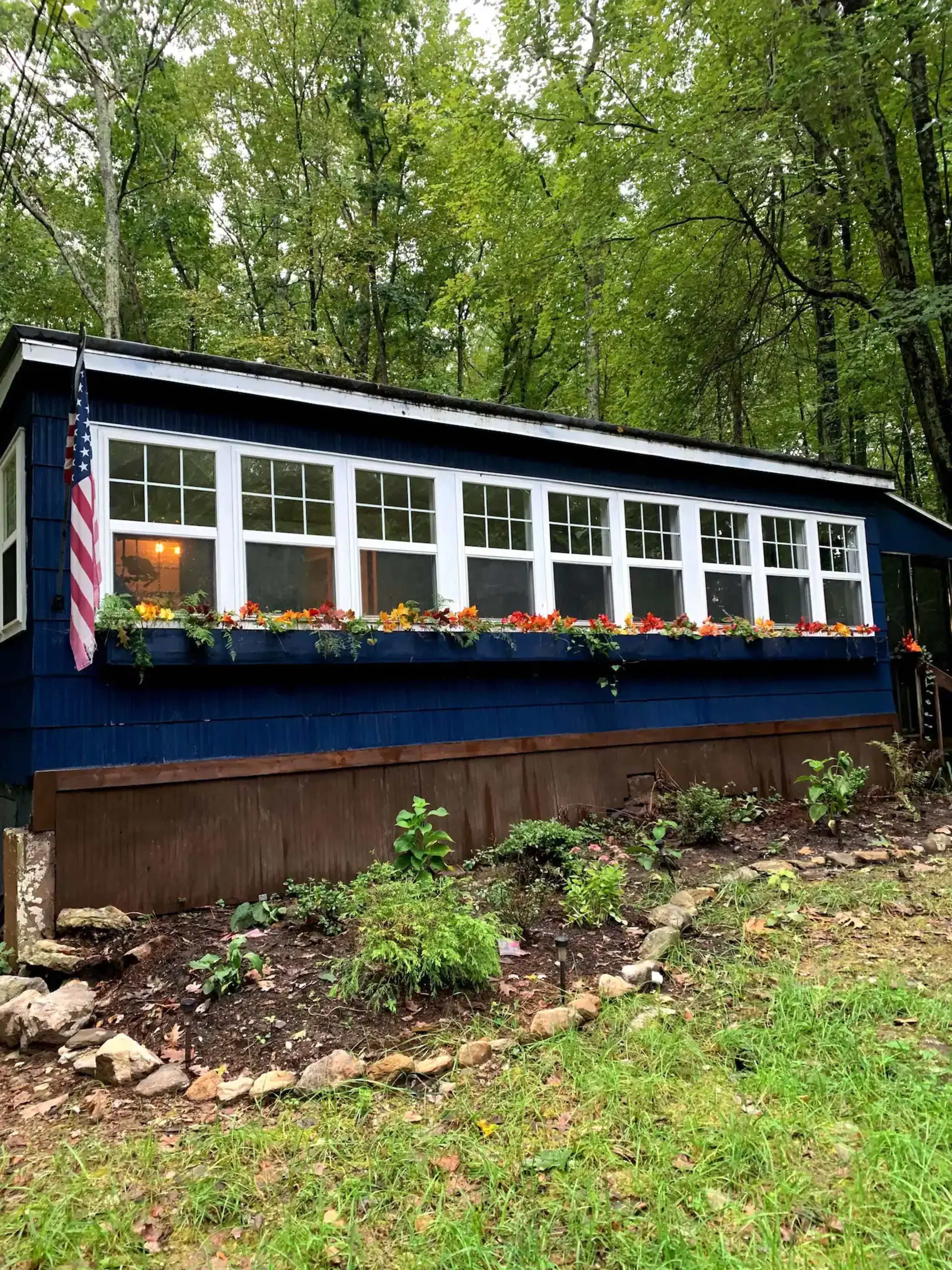 A blue-painted cabin features a long row of windows adorned with flower boxes and is surrounded by a grassy area and trees.