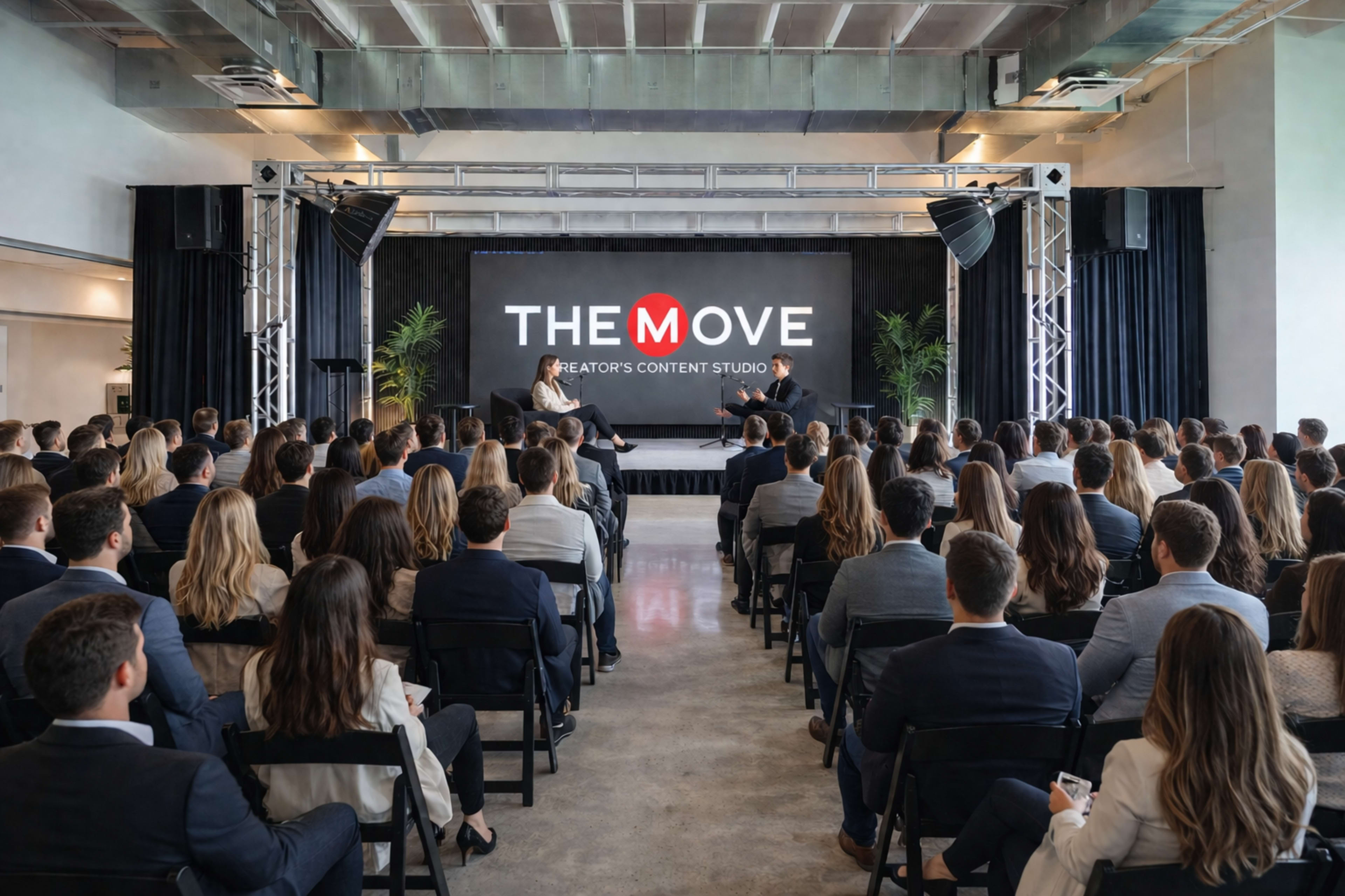 A large audience sits in a conference setting, watching two speakers on stage with a backdrop displaying "THE MOVE CREATOR'S CONTENT STUDIO."