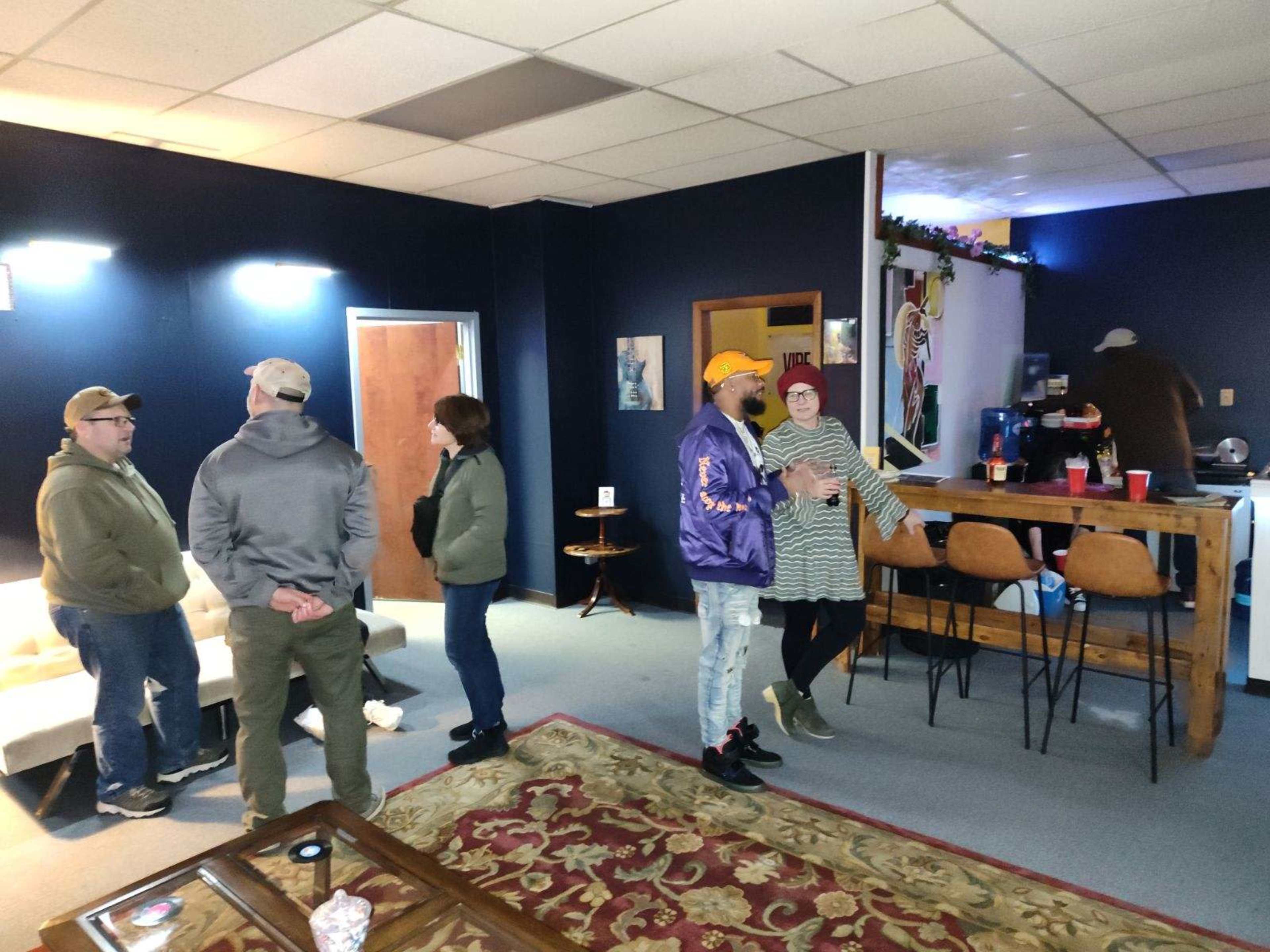 Cozy , Creative & Artistically Inspiring, with a beautiful view of the city downtown. Full Music Stage & PA system for music events, TV screens for movies & a bar area for any food venders. Image in Midtown Dayton, Dayton Ohio, OH