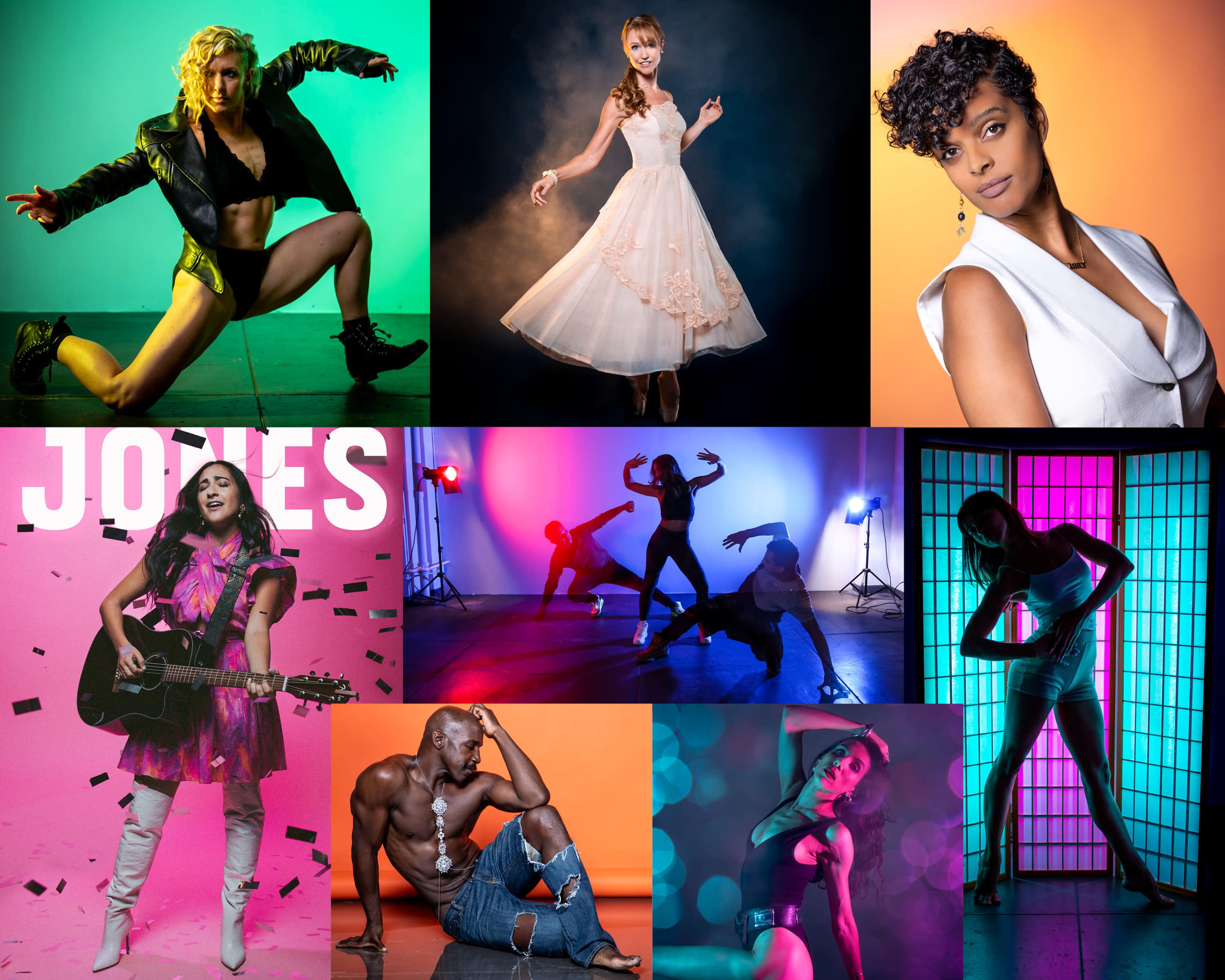 Various individuals posing in diverse styles against colorful backdrops, showcasing a mix of fashion and performance art.