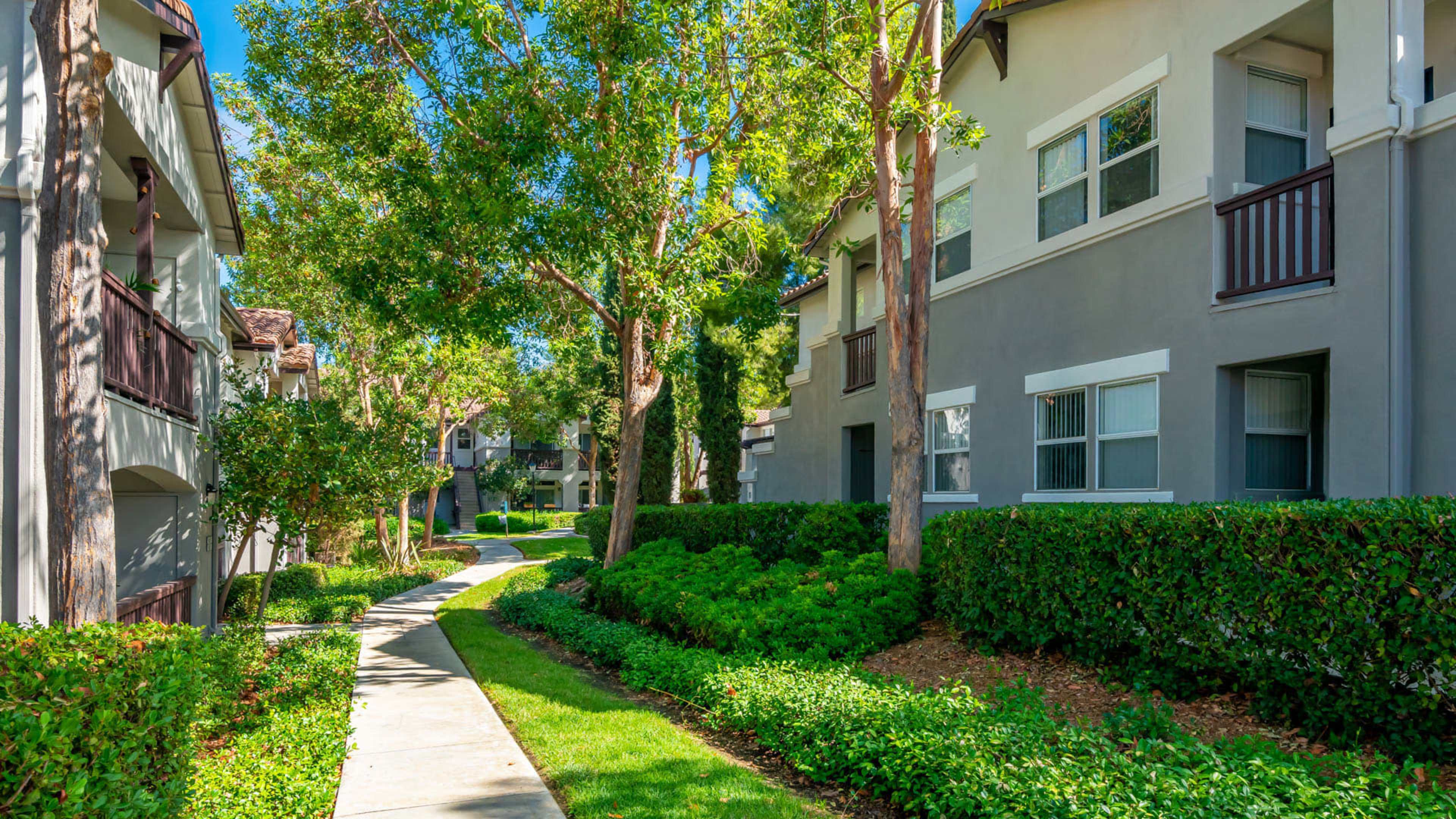 A pedestrian walkway bordered by manicured hedges runs alongside residential buildings, shaded by trees in a landscaped environment.