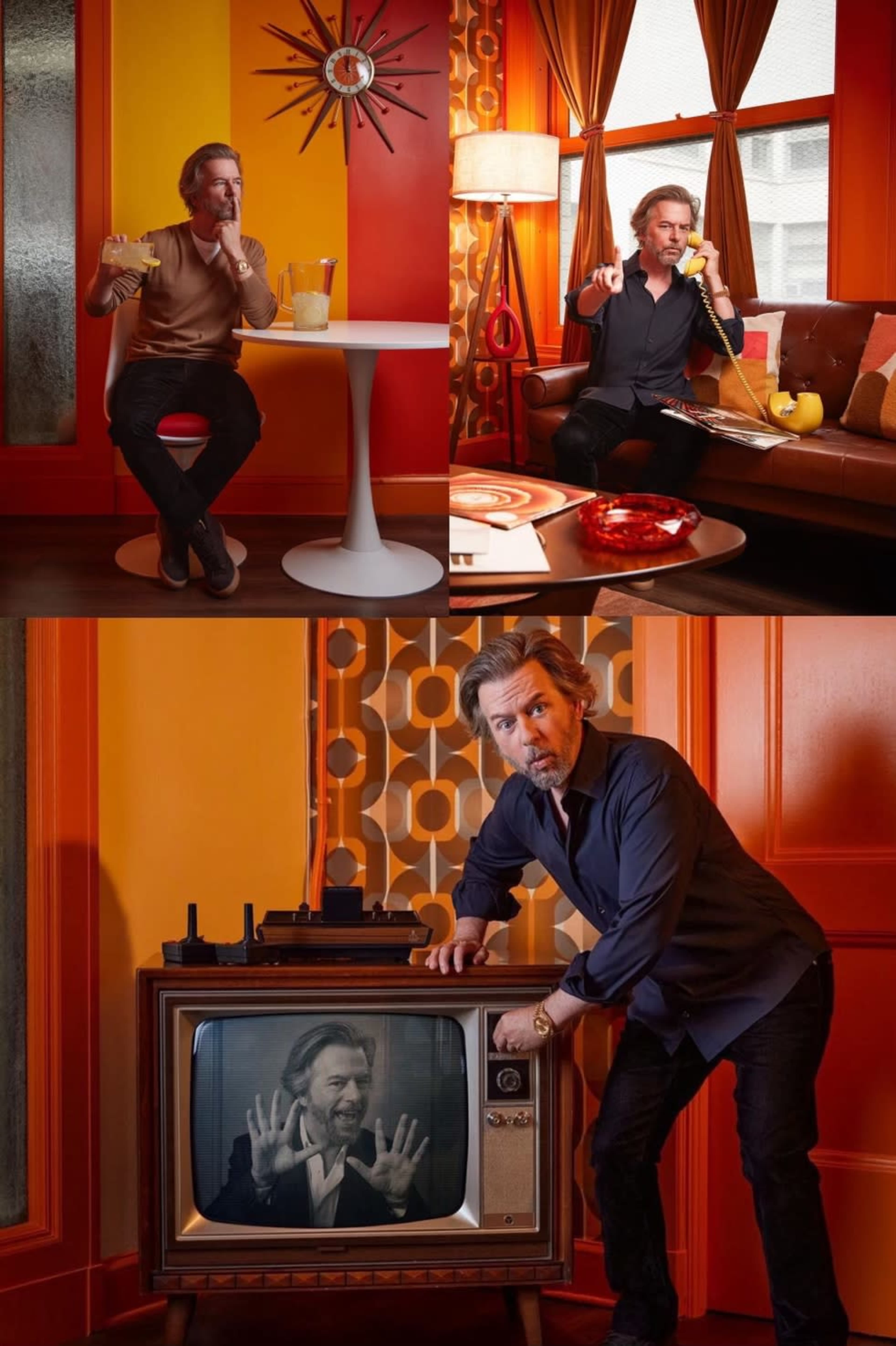 A man sits at a table with food and drinks, while interacting with an old television showing his reflection in a retro-styled room.