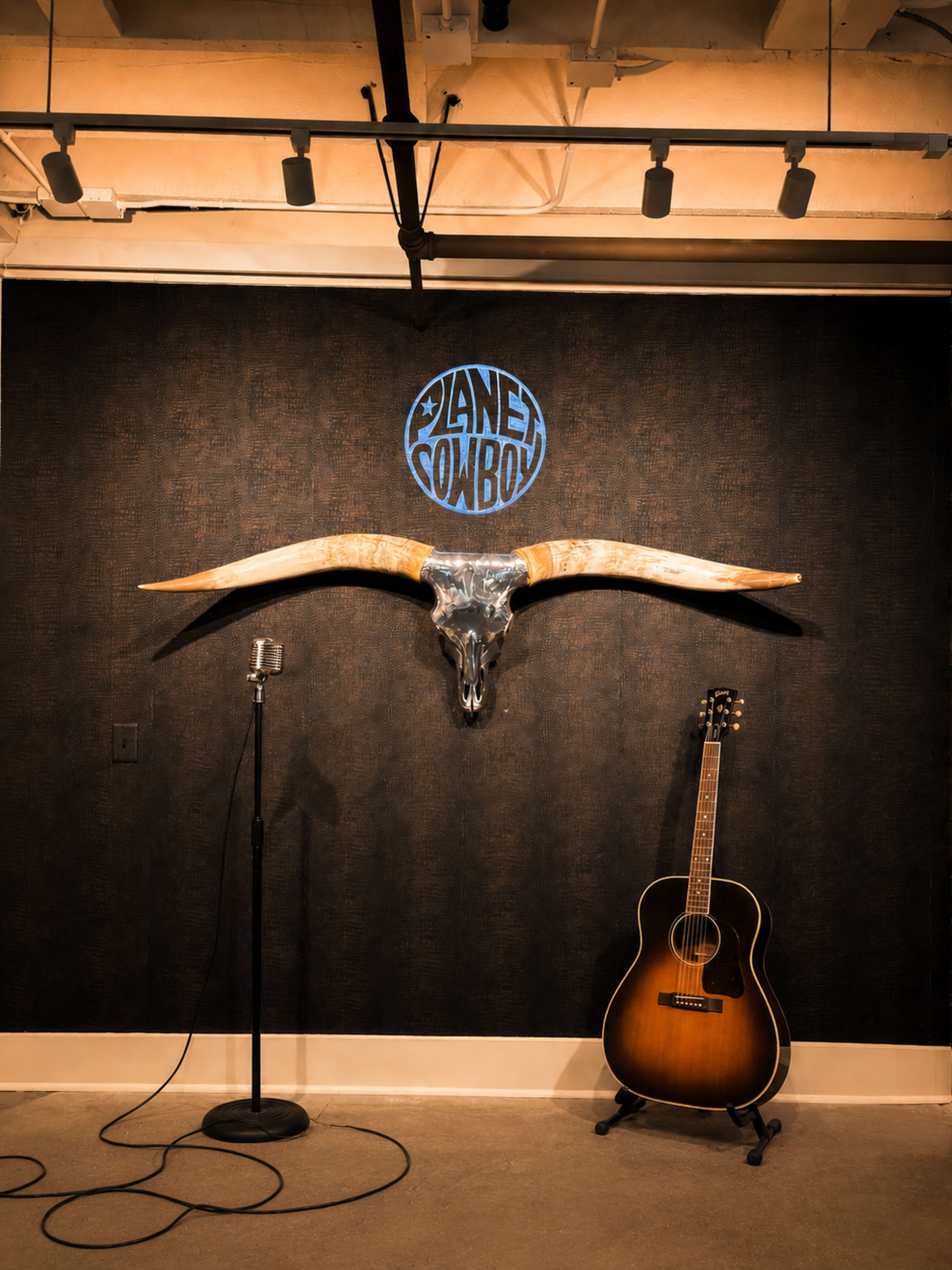 A longhorn skull is mounted on a textured wall with a blue "Planet Cowboy" sign, alongside a microphone stand and an acoustic guitar resting on the floor.