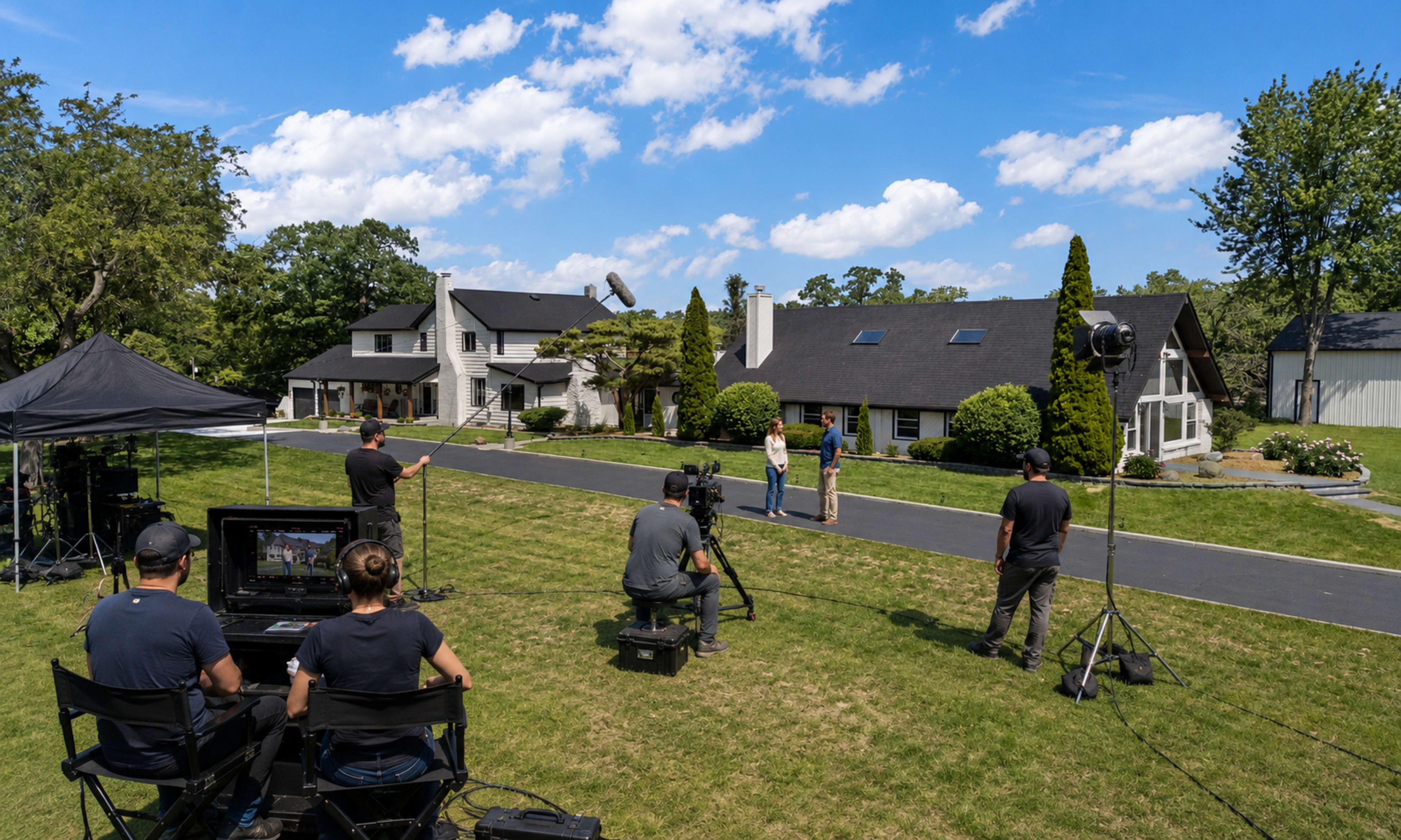 A film crew sets up on a well-manicured lawn with two people speaking in front of two houses and various lighting equipment.